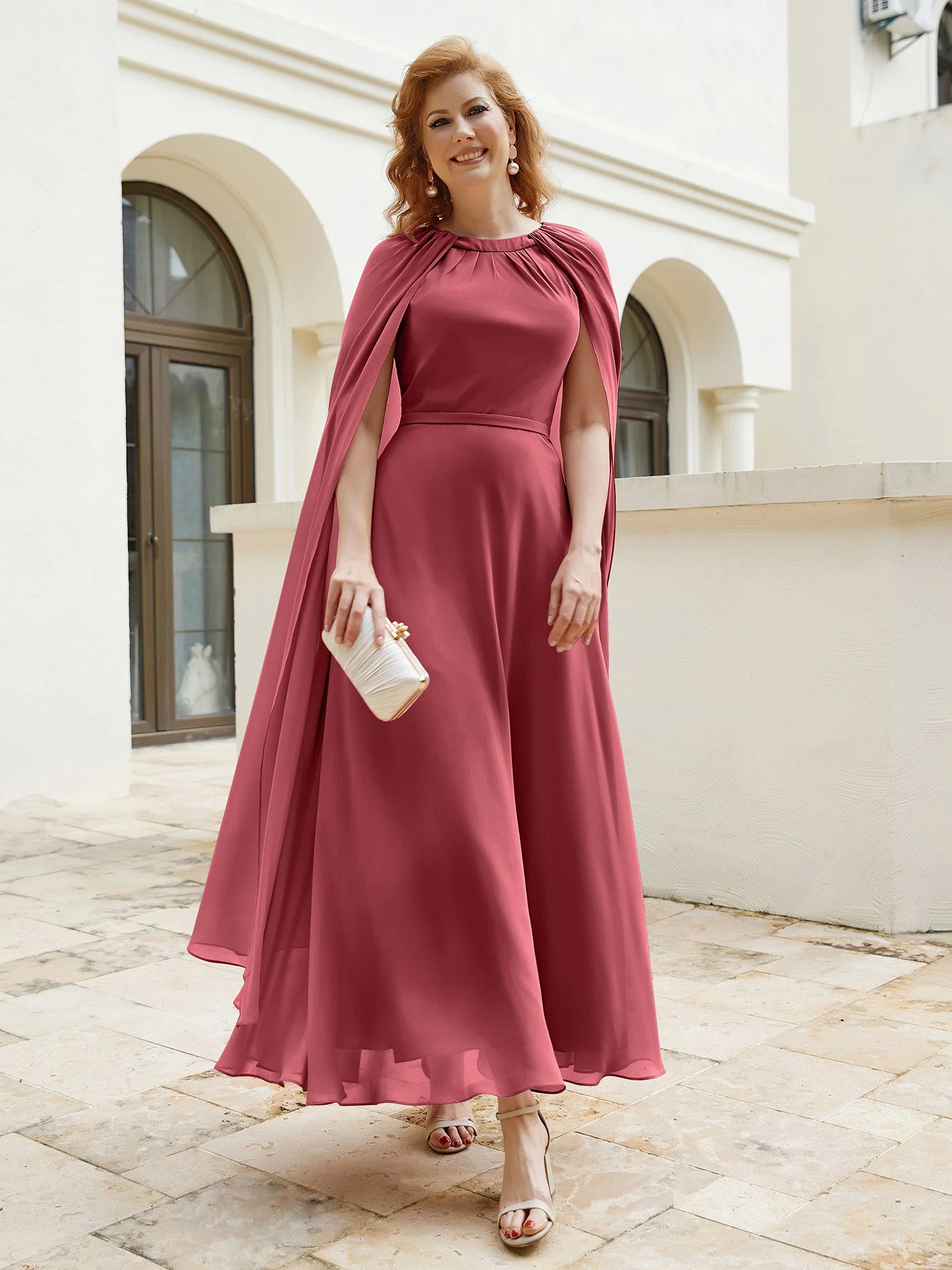 A-Linie Rundhalsausschnitt Chiffonkleid Tee-Länge Zimtrose Übergröße - Image 5