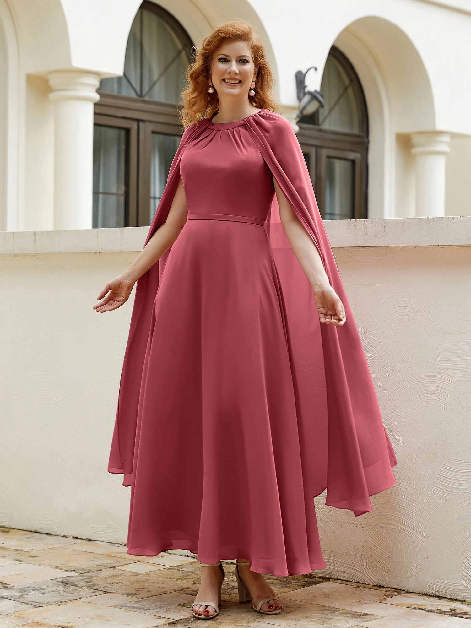 A-Linie Rundhalsausschnitt Chiffonkleid Tee-Länge Zimtrose Übergröße - Image 6
