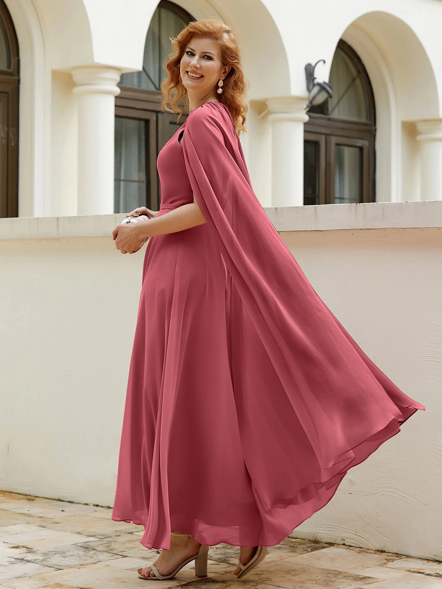 A-Linie Rundhalsausschnitt Chiffonkleid Tee-Länge Zimtrose Übergröße - Image 8