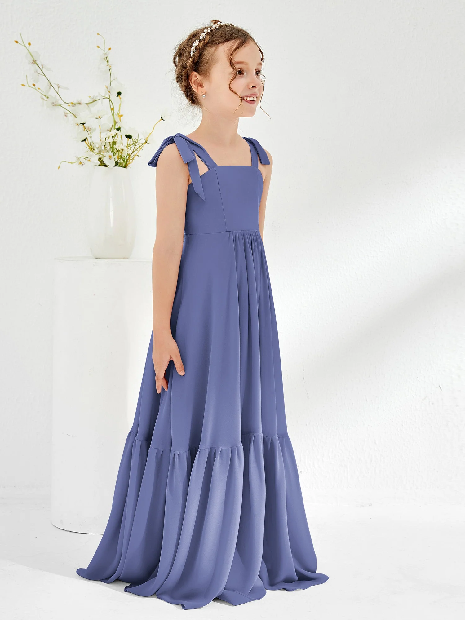 A-Linie Schleife Rüschen Junge Brautjungfernkleider Periwinkleblau - Image 3
