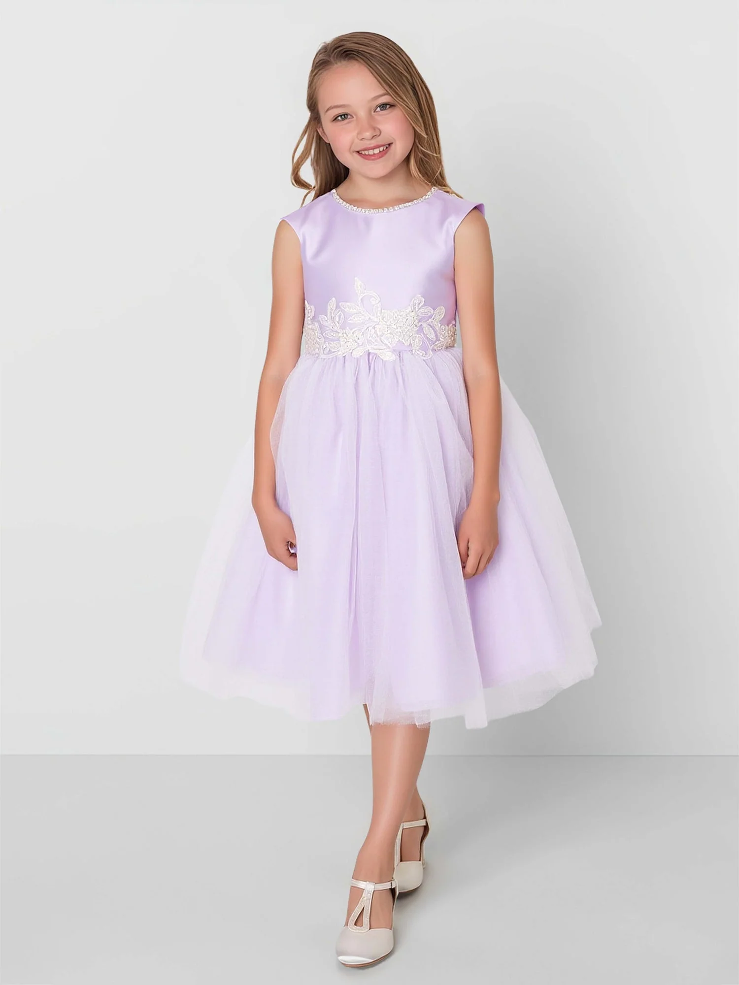 A-Linie Scoop Ausschnitt Applique Tüll Blumenmädchen Kleid Lila