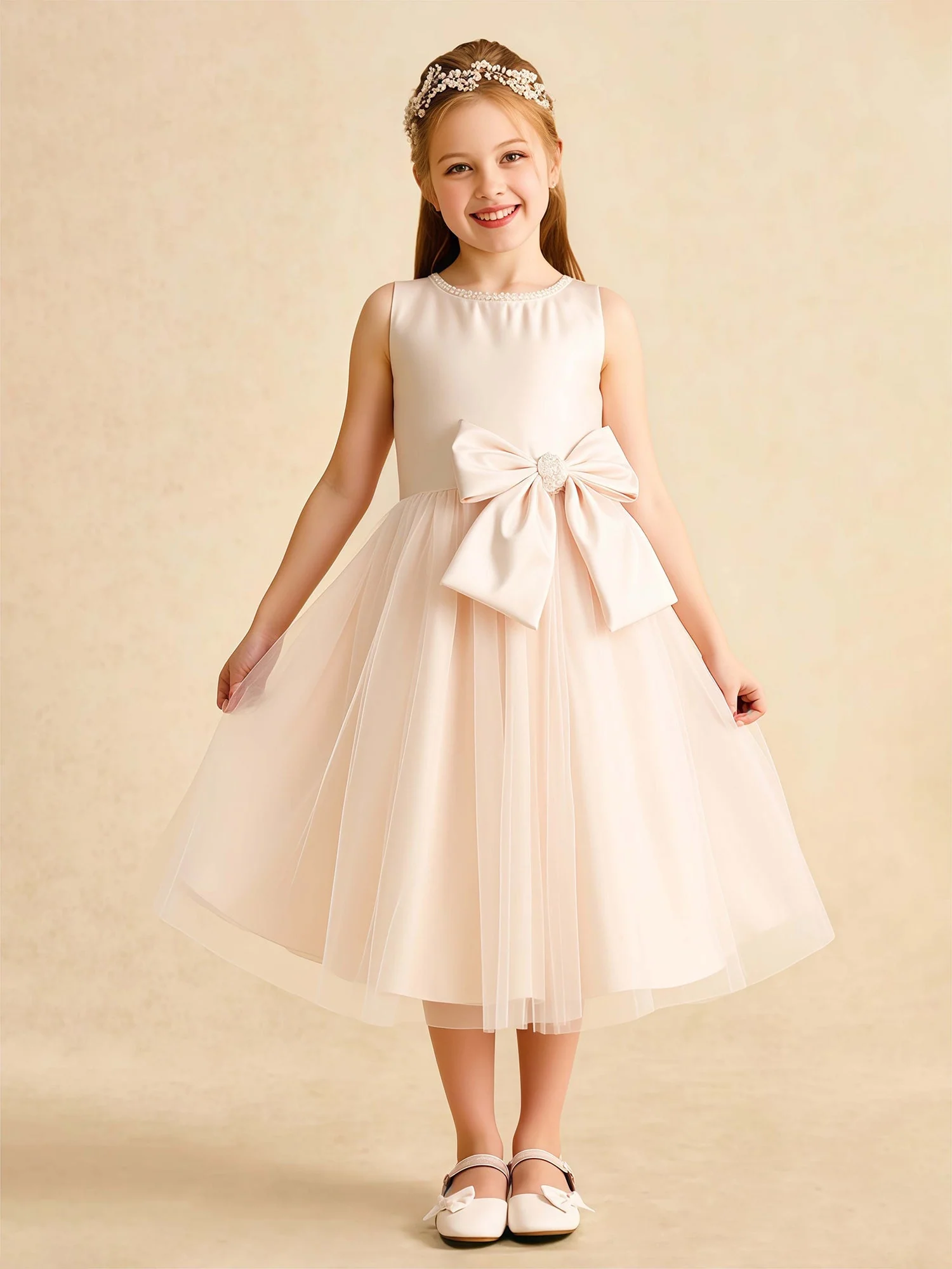 A-Linie Scoop Ausschnitt Tüll Blumenmädchen Kleid mit Schleife Champagner