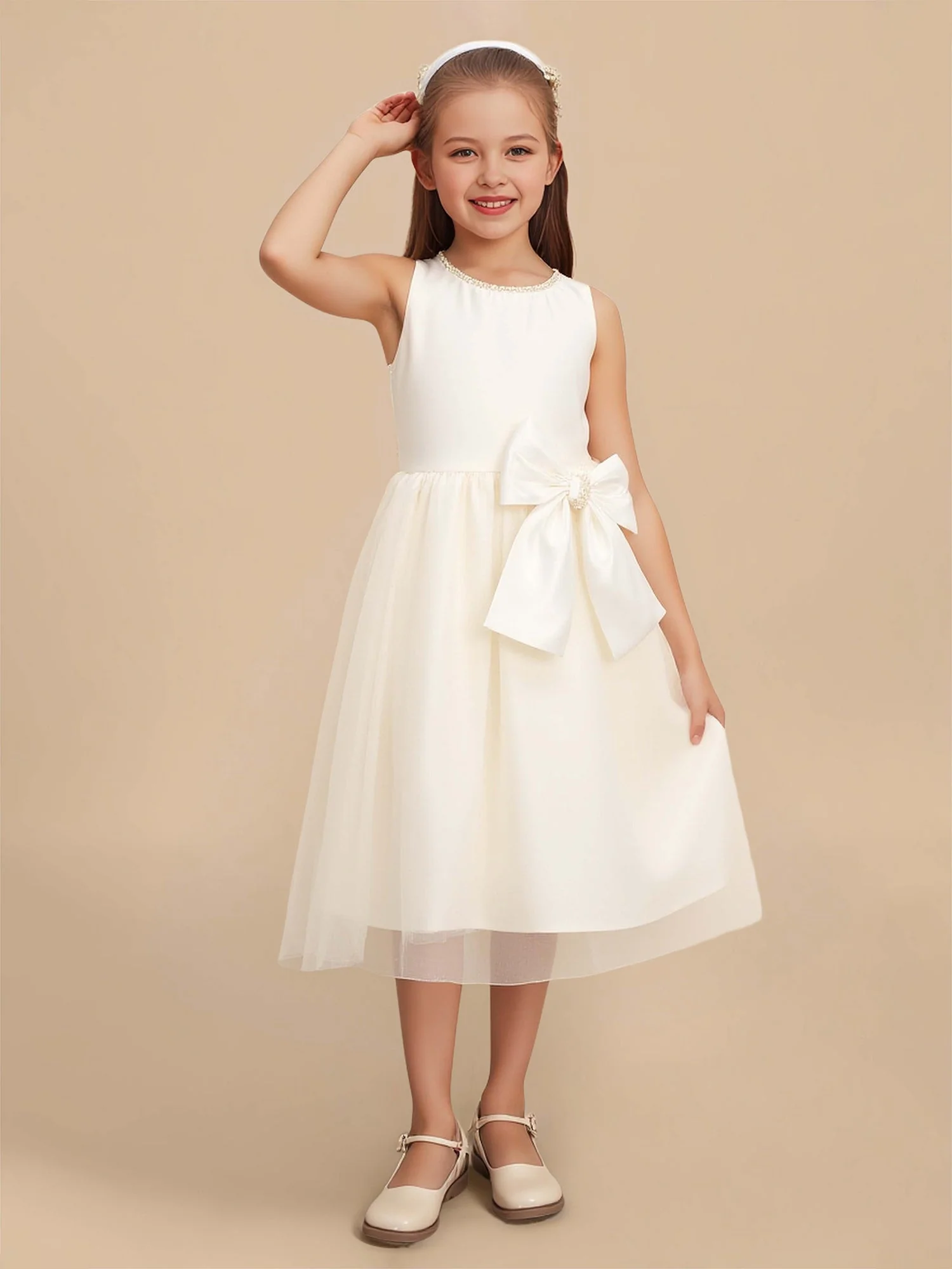 A-Linie Scoop Ausschnitt Tüll Blumenmädchen Kleid mit Schleife Elfenbein
