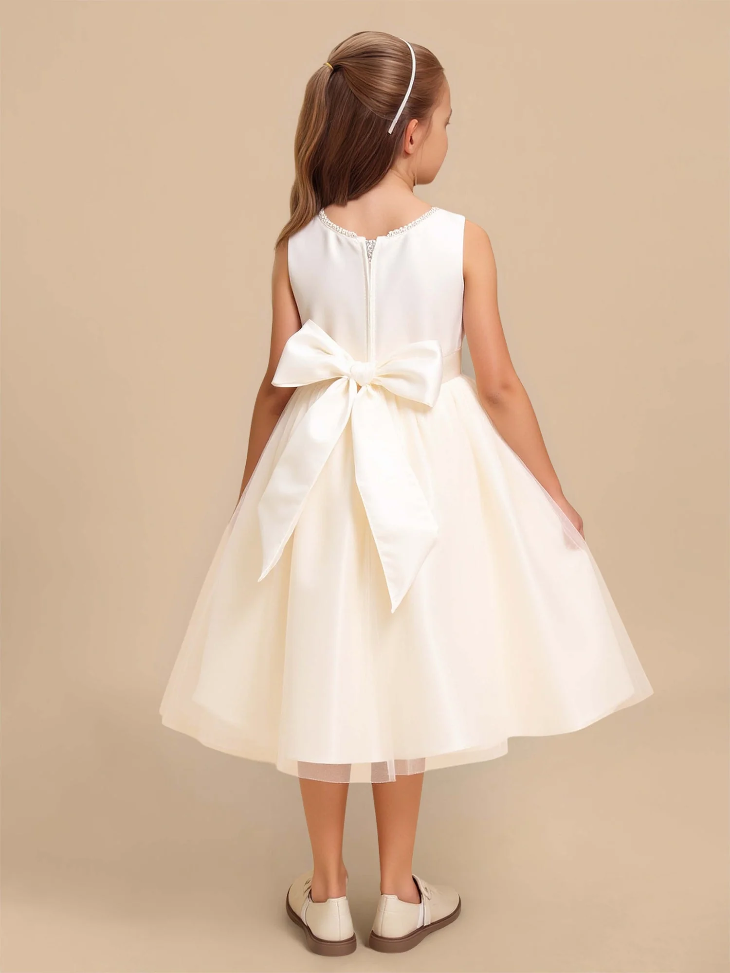 A-Linie Scoop Ausschnitt Tüll Blumenmädchen Kleid mit Schleife Elfenbein - Image 2