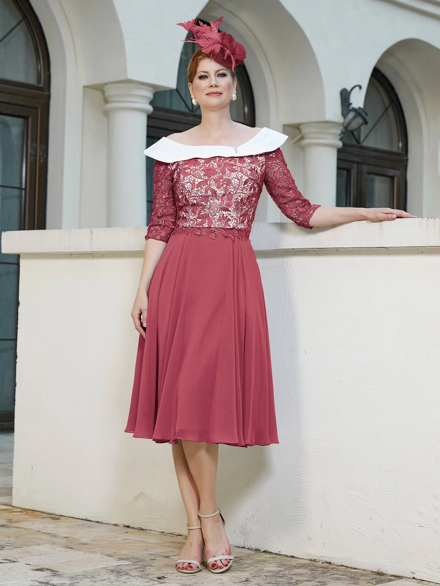 A-Linie Scoop Tee-Länge Chiffon Kleid Zimtrose