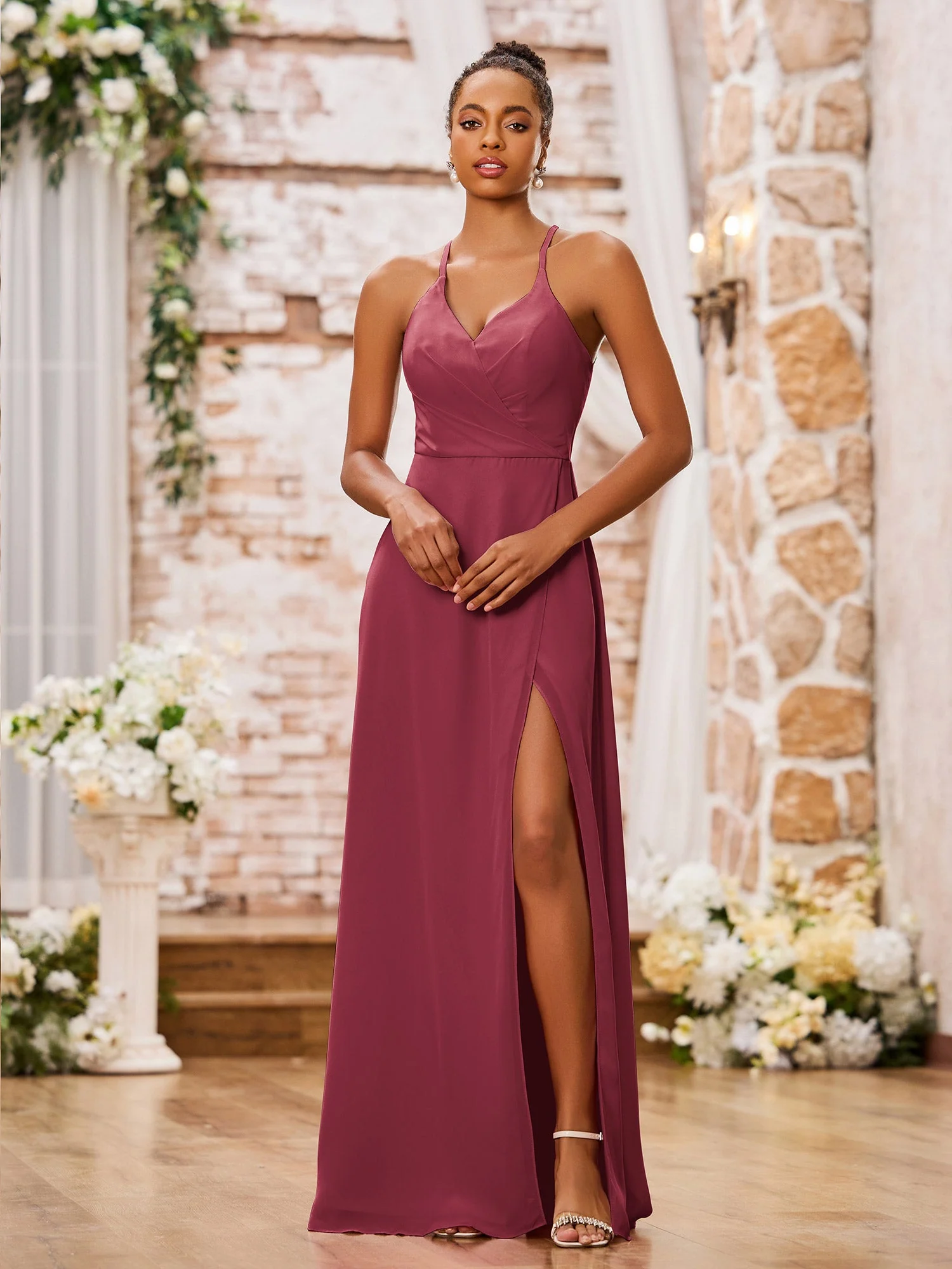 A-Linie Spaghettiträger Sexy Chiffon Kleider mit Schlitz Zimtrose