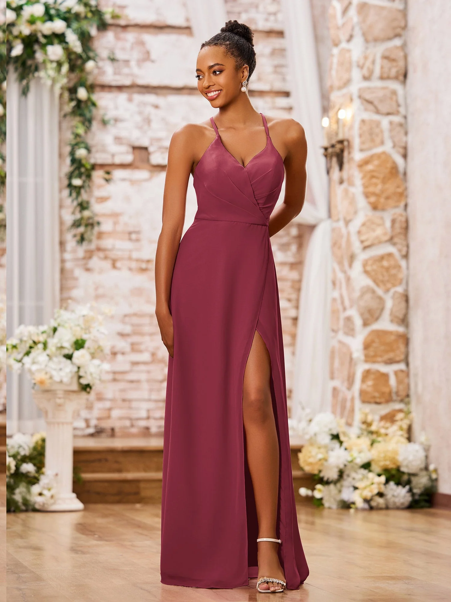 A-Linie Spaghettiträger Sexy Chiffon Kleider mit Schlitz Zimtrose - Image 3