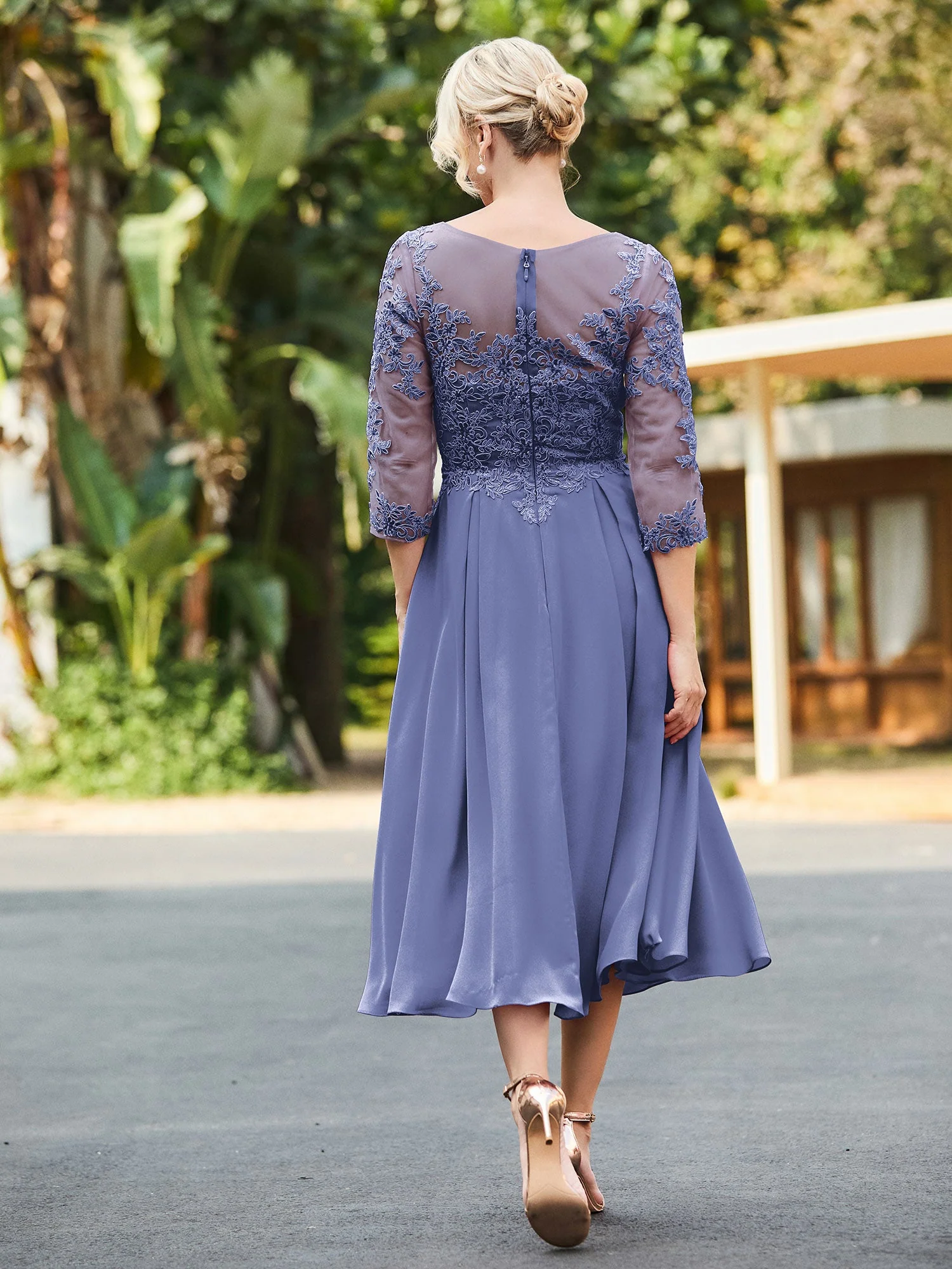 A-Linie Spitzen Applikationen Wadenlang Kleid Periwinkleblau - Image 2