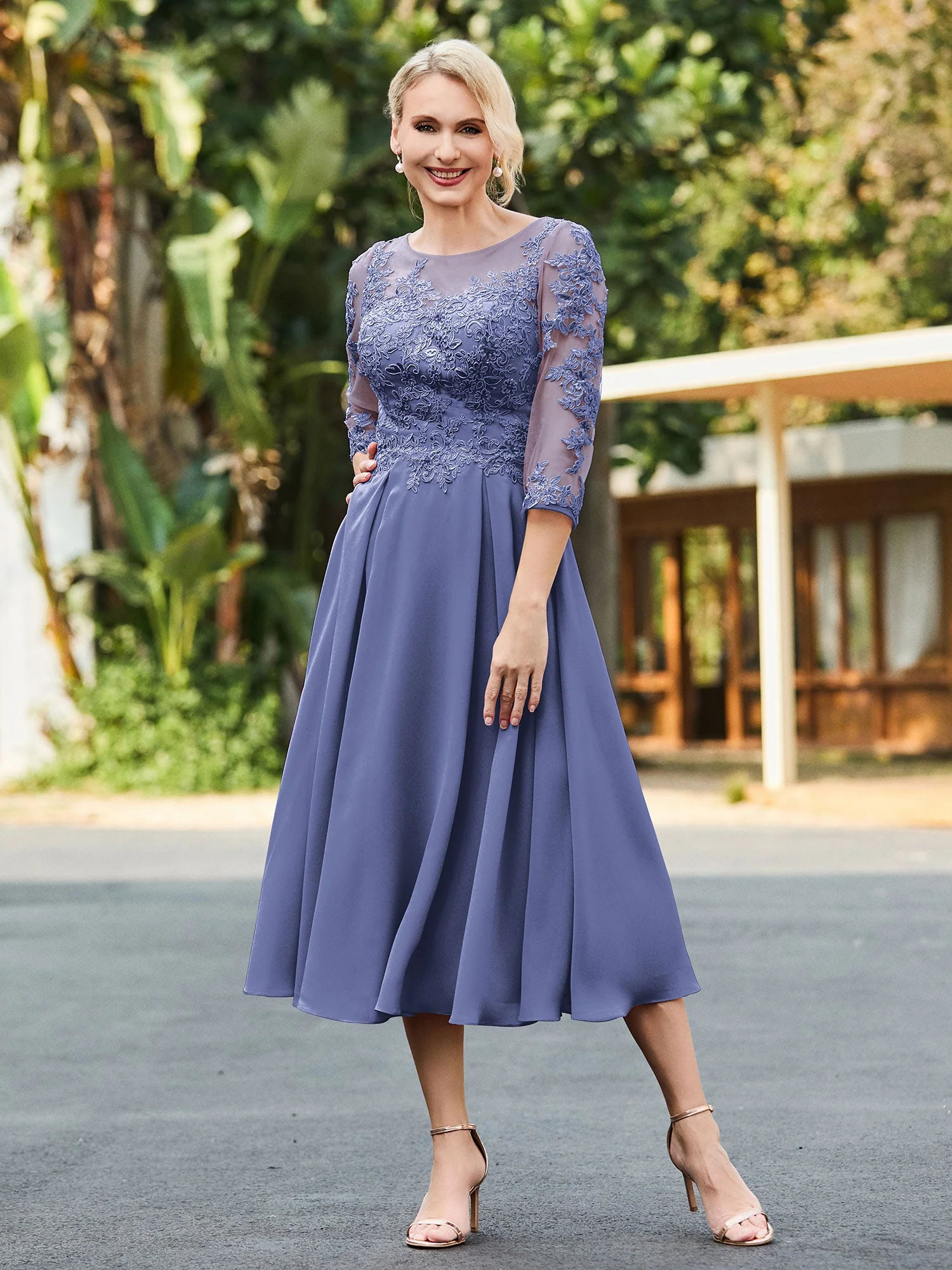 A-Linie Spitzen Applikationen Wadenlang Kleid Periwinkleblau - Image 3