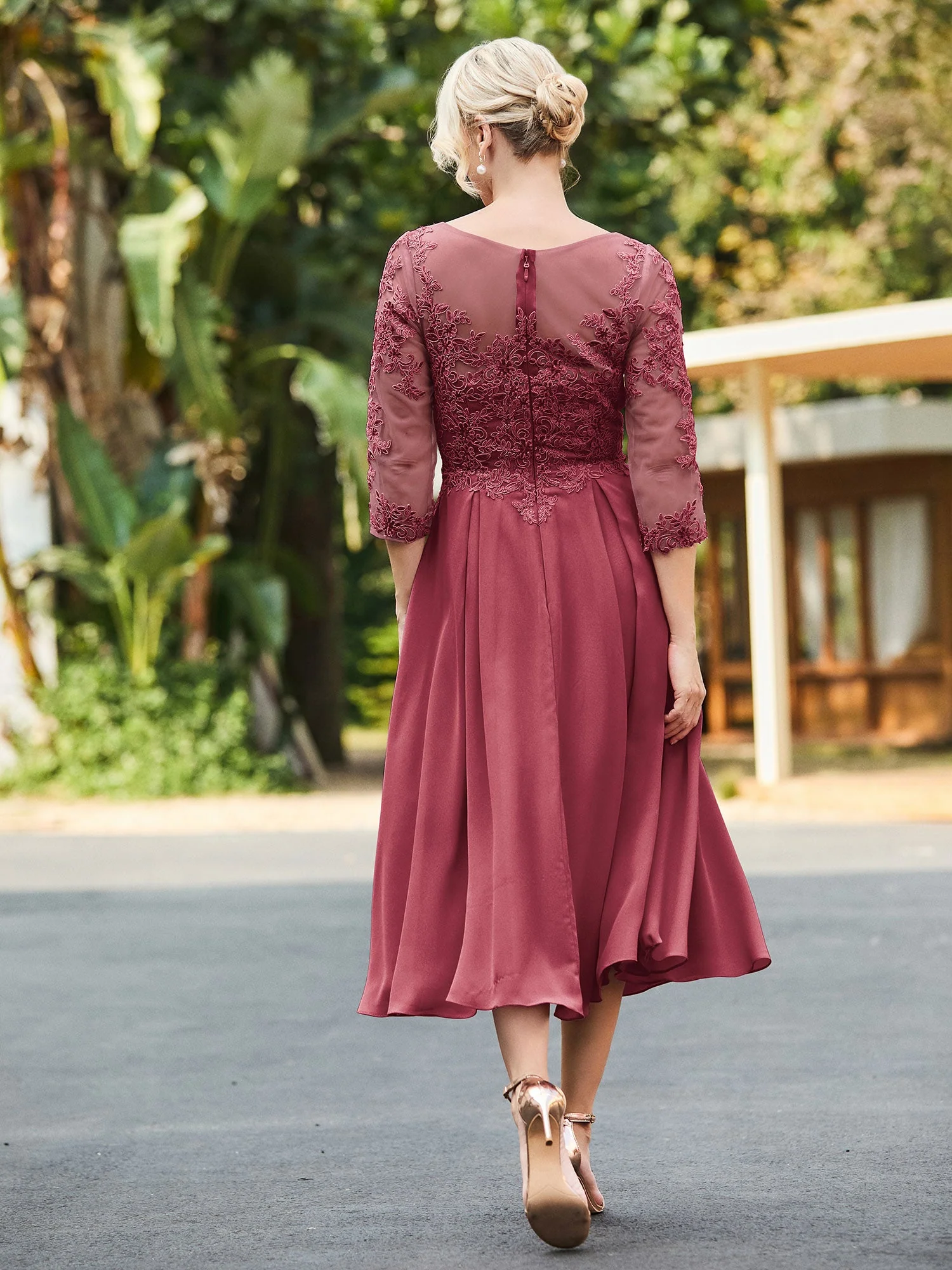 A-Linie Spitzen Applikationen Wadenlang Kleid Zimtrose - Image 2