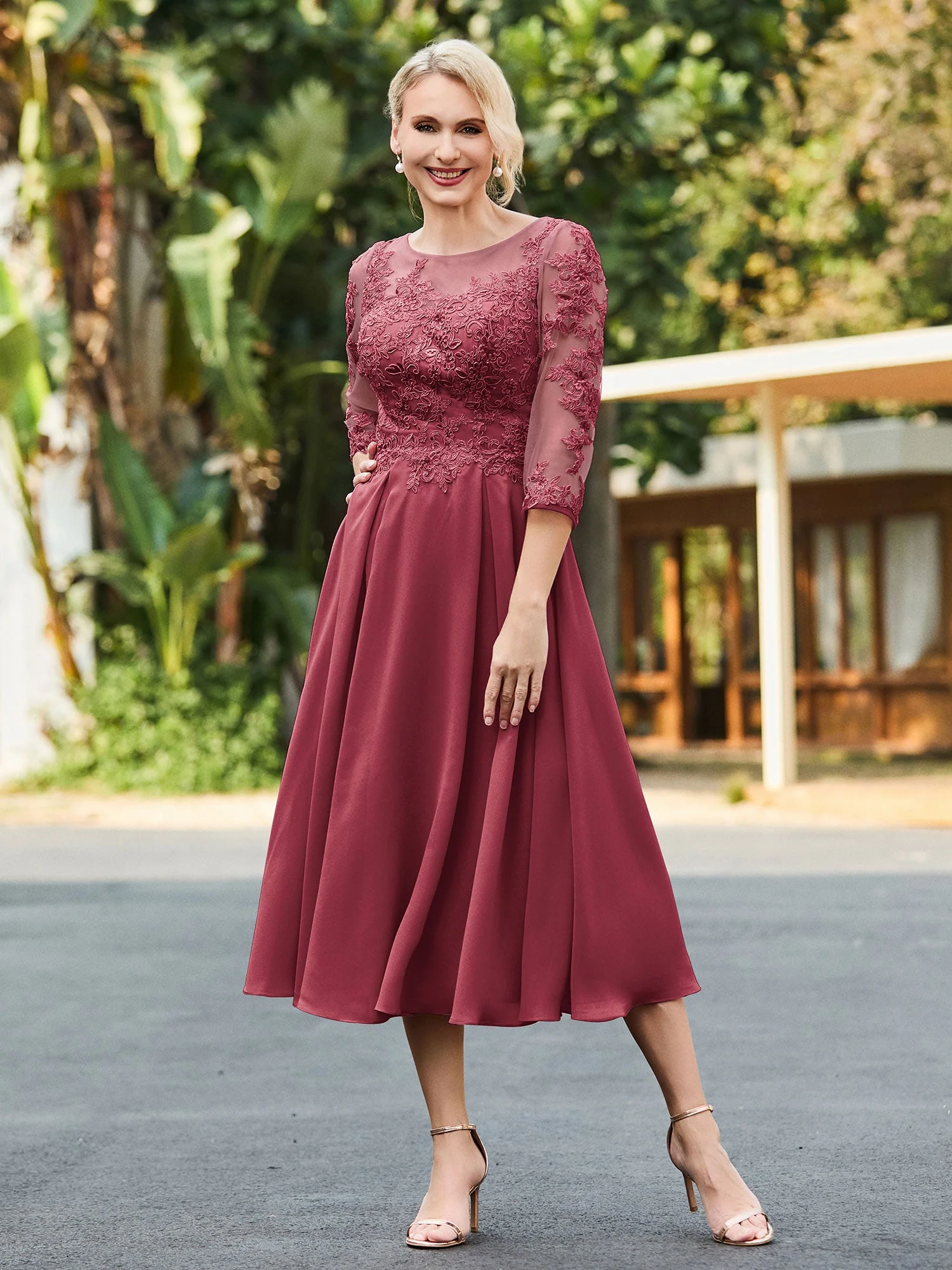 A-Linie Spitzen Applikationen Wadenlang Kleid Zimtrose - Image 3