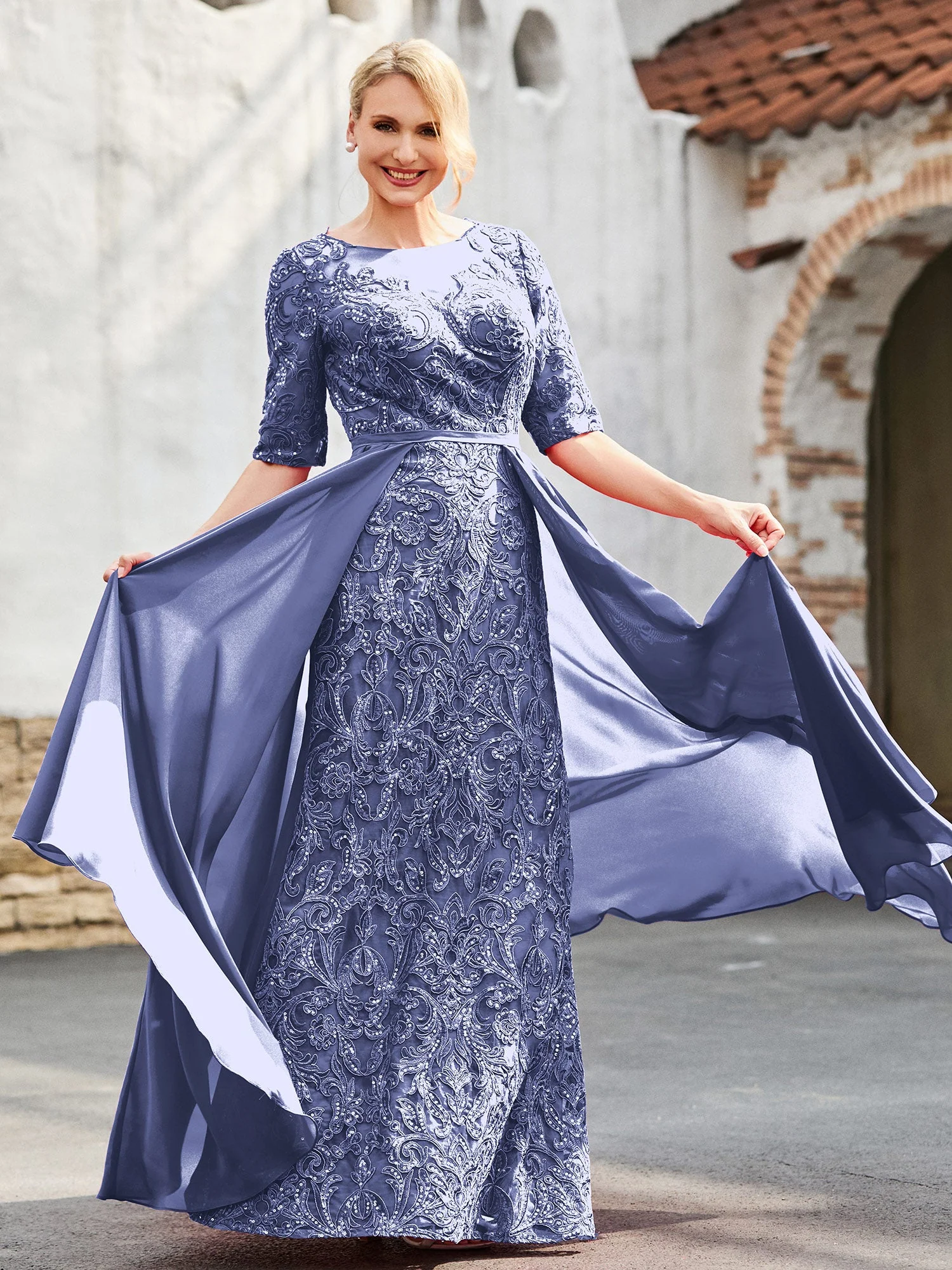 A-Linie Spitzen Kleid mit Schleppe Periwinkleblau