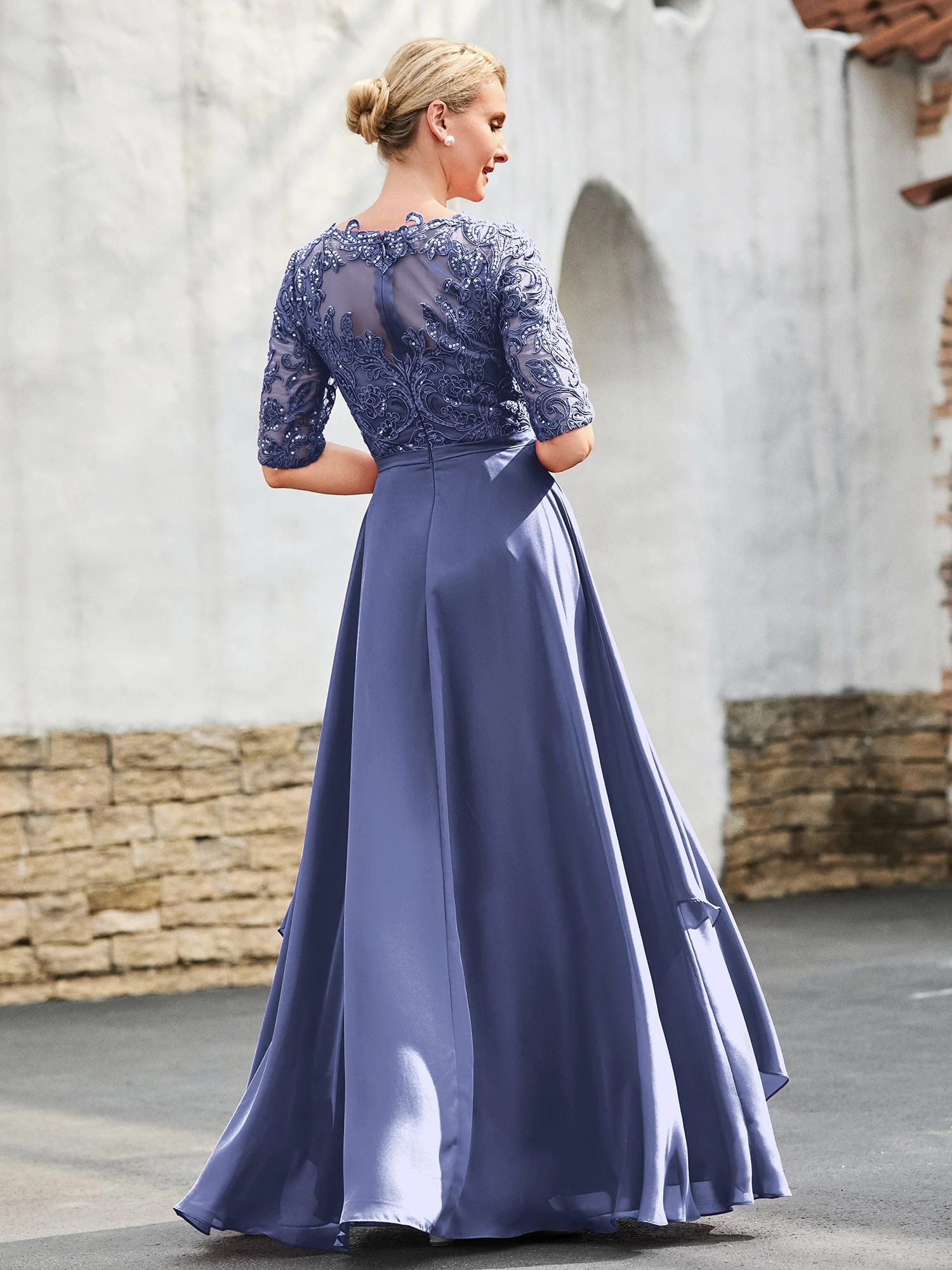 A-Linie Spitzen Kleid mit Schleppe Periwinkleblau - Image 2