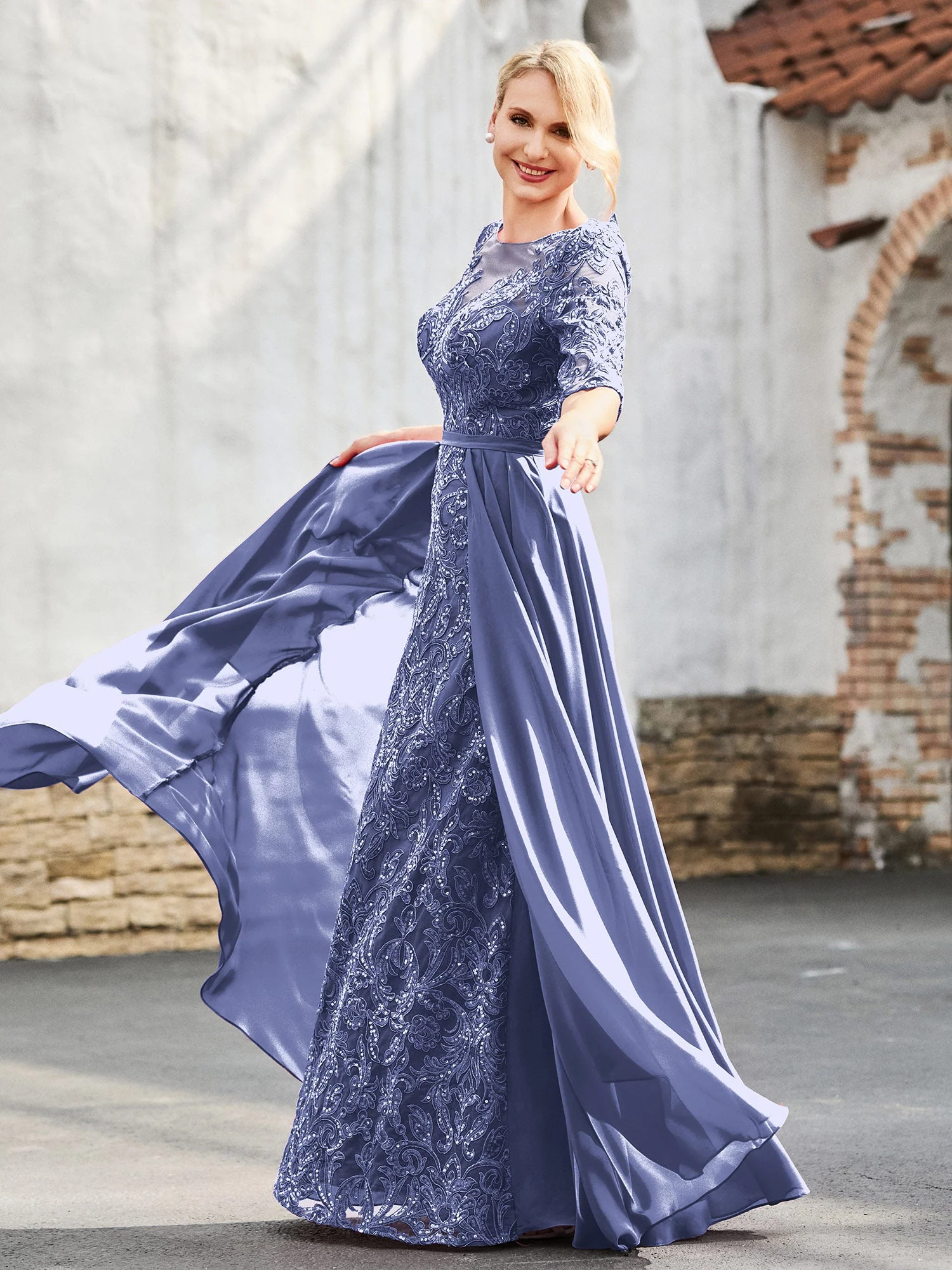 A-Linie Spitzen Kleid mit Schleppe Periwinkleblau - Image 3