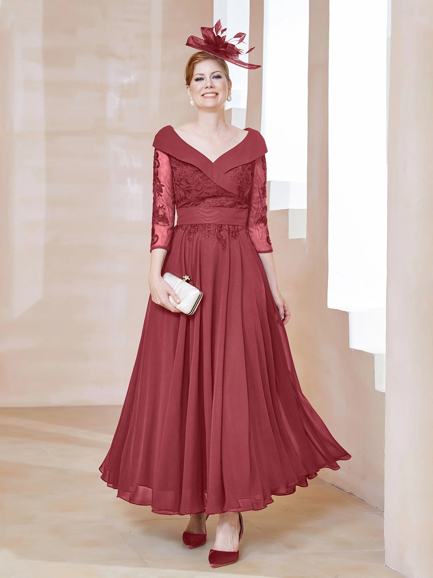A-Linie V-Ausschnitt Applique Chiffon Kleid Zimtrose