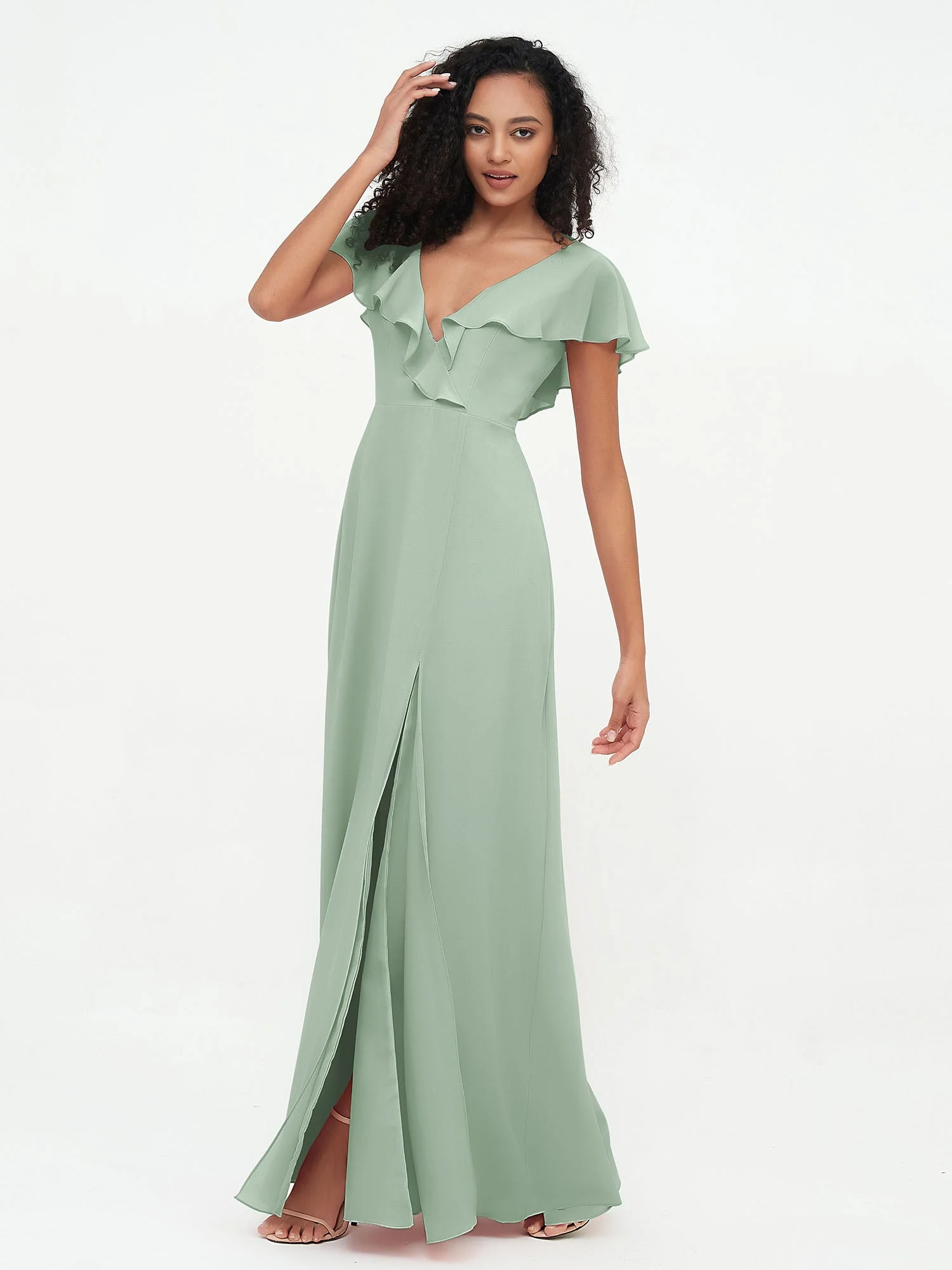 A-Linie V-Ausschnitt Chiffon Kleid mit Schlitz mit Taschen Agavengrün