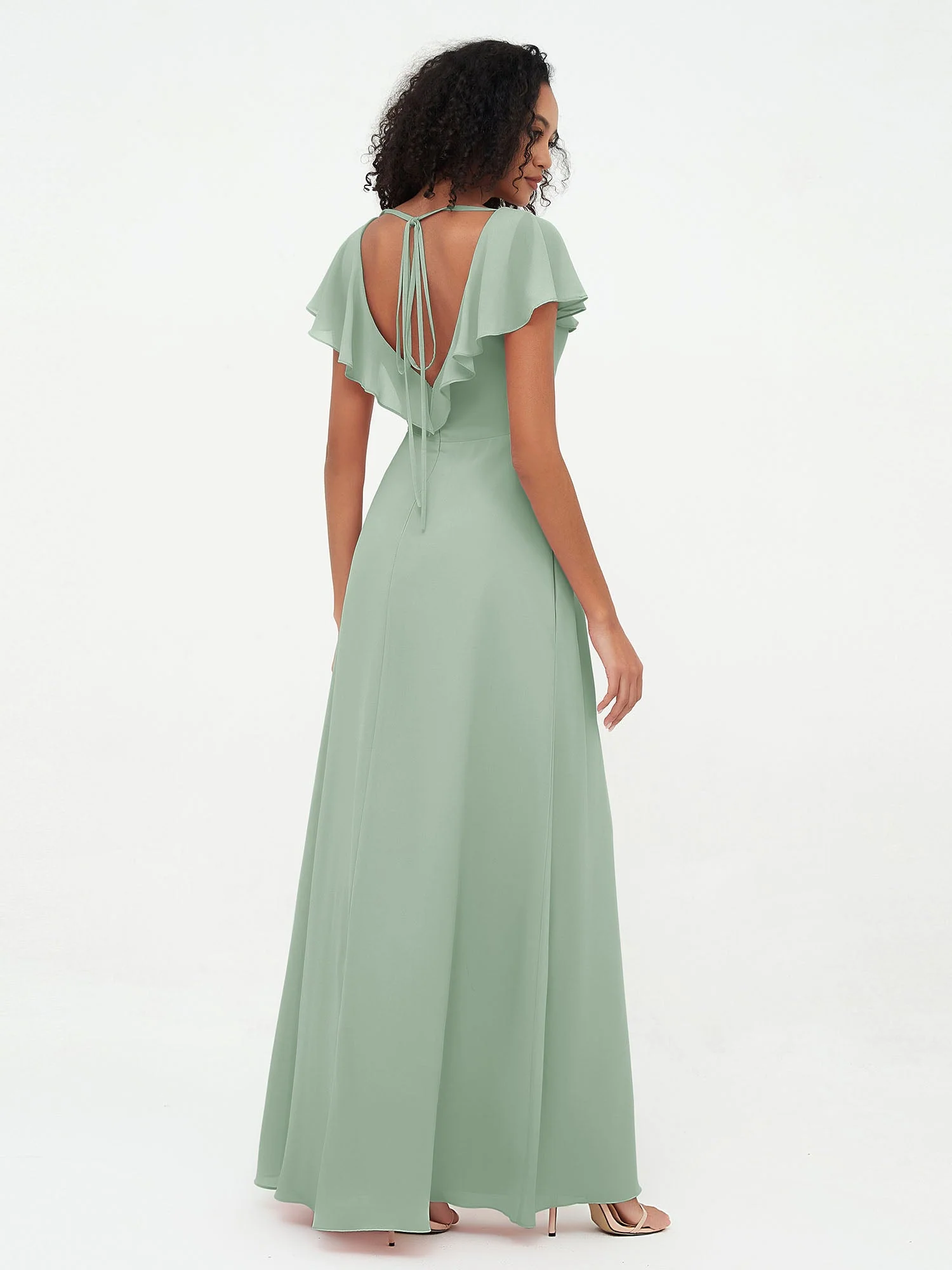 A-Linie V-Ausschnitt Chiffon Kleid mit Schlitz mit Taschen Agavengrün - Image 2