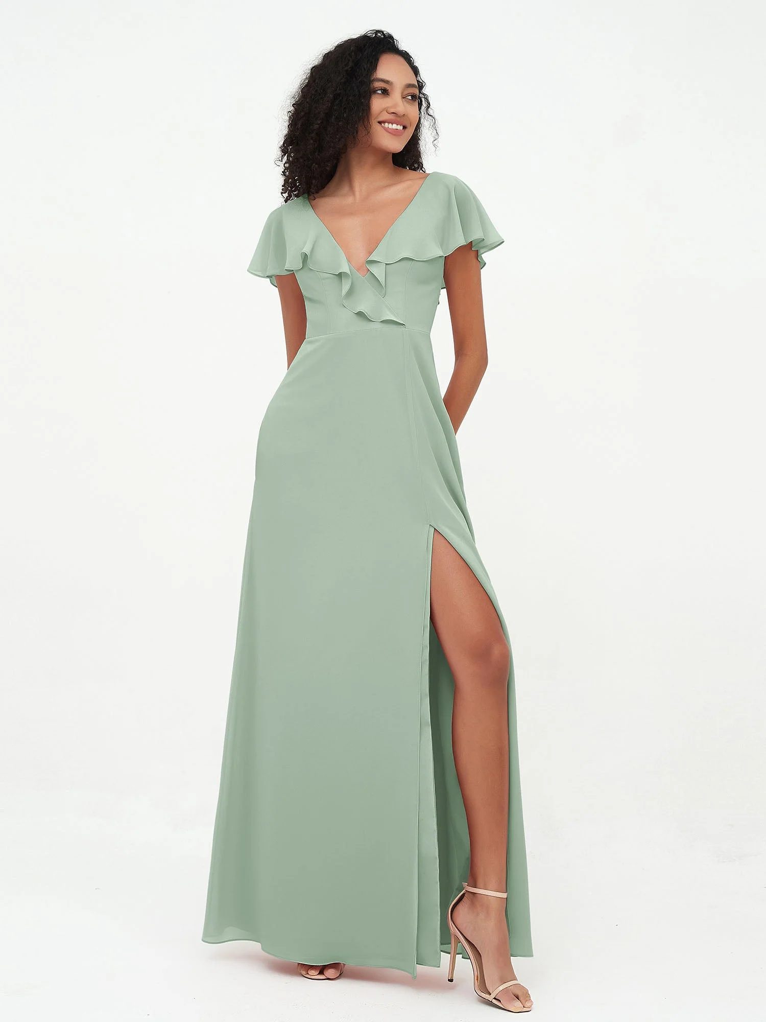 A-Linie V-Ausschnitt Chiffon Kleid mit Schlitz mit Taschen Agavengrün - Image 3
