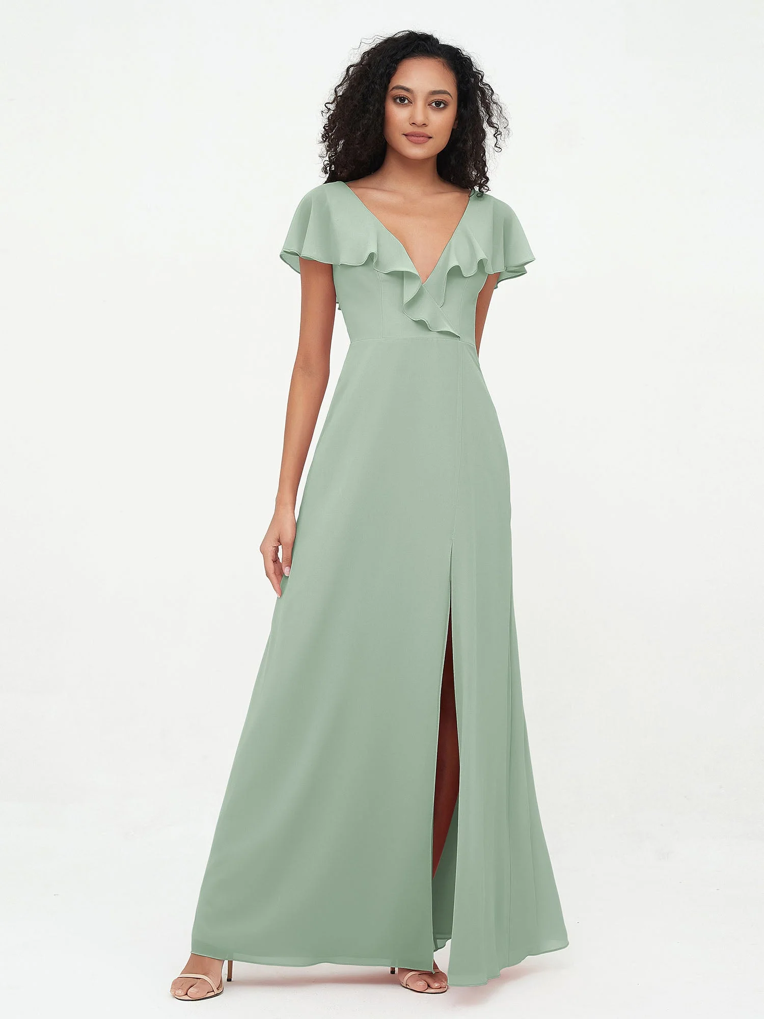 A-Linie V-Ausschnitt Chiffon Kleid mit Schlitz mit Taschen Agavengrün - Image 4