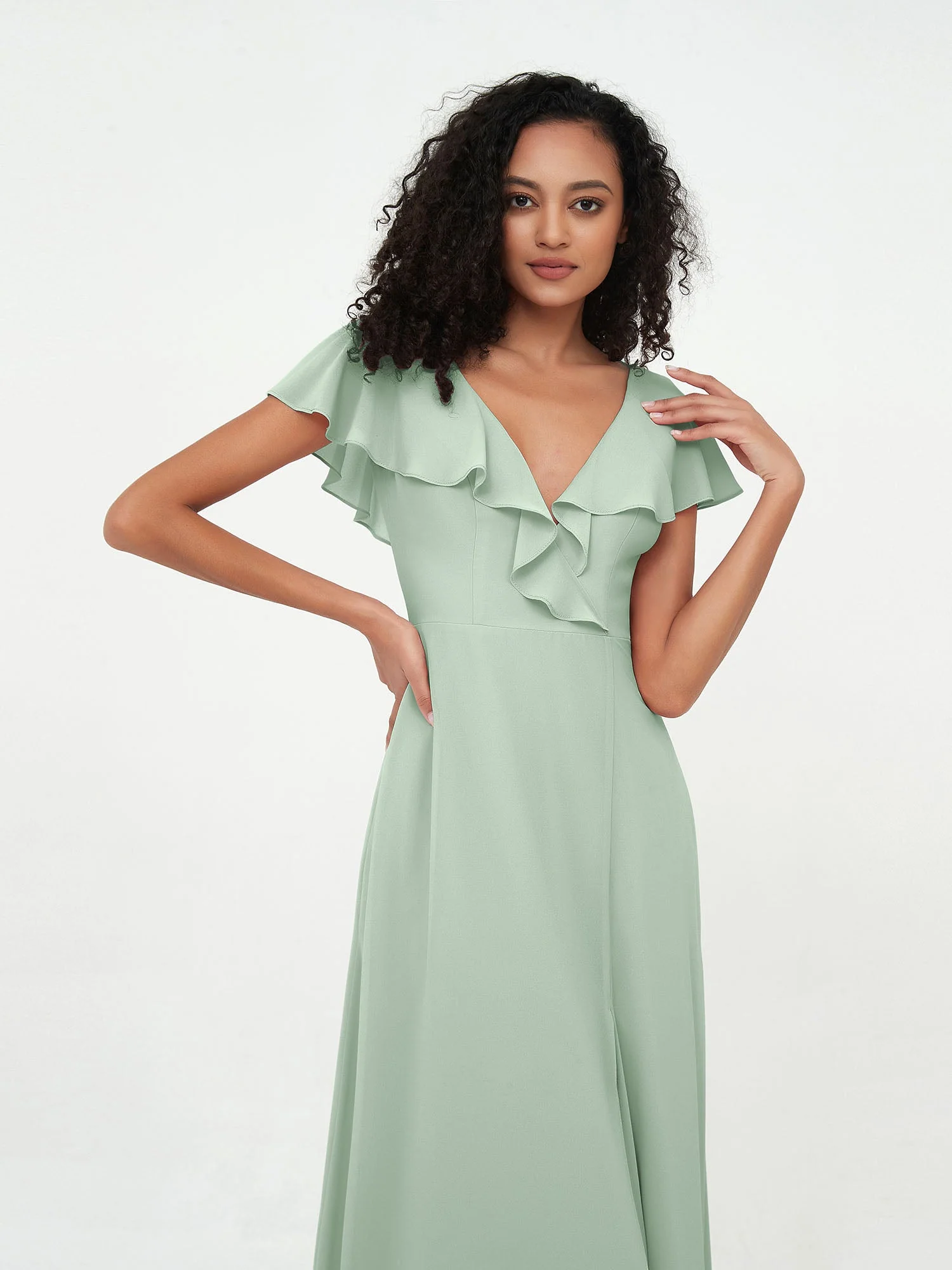 A-Linie V-Ausschnitt Chiffon Kleid mit Schlitz mit Taschen Agavengrün - Image 5