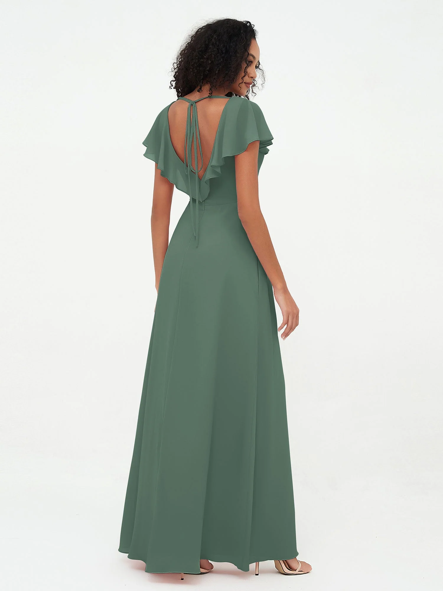A-Linie V-Ausschnitt Chiffon Kleid mit Schlitz mit Taschen Eukalyptus - Image 2