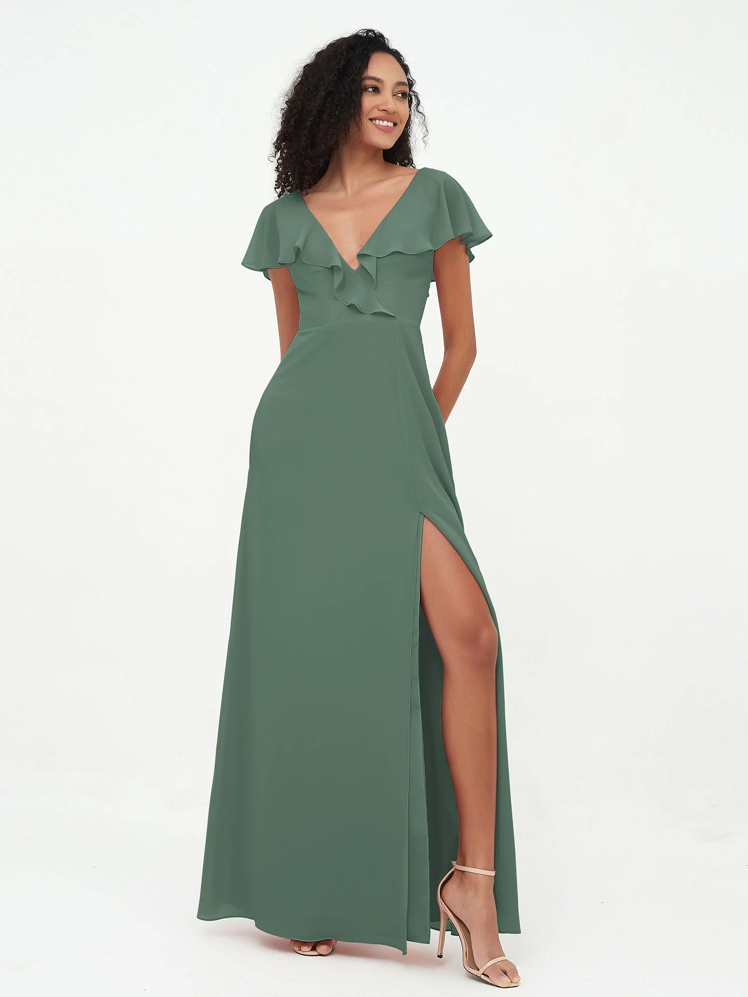 A-Linie V-Ausschnitt Chiffon Kleid mit Schlitz mit Taschen Eukalyptus - Image 3