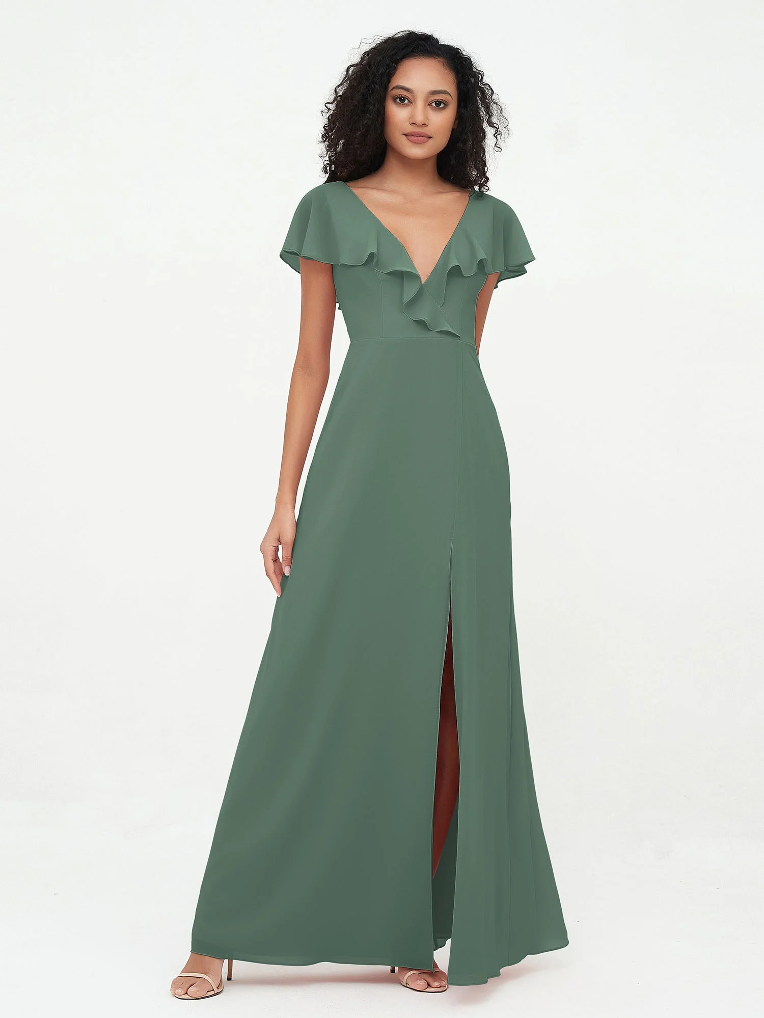 A-Linie V-Ausschnitt Chiffon Kleid mit Schlitz mit Taschen Eukalyptus - Image 4