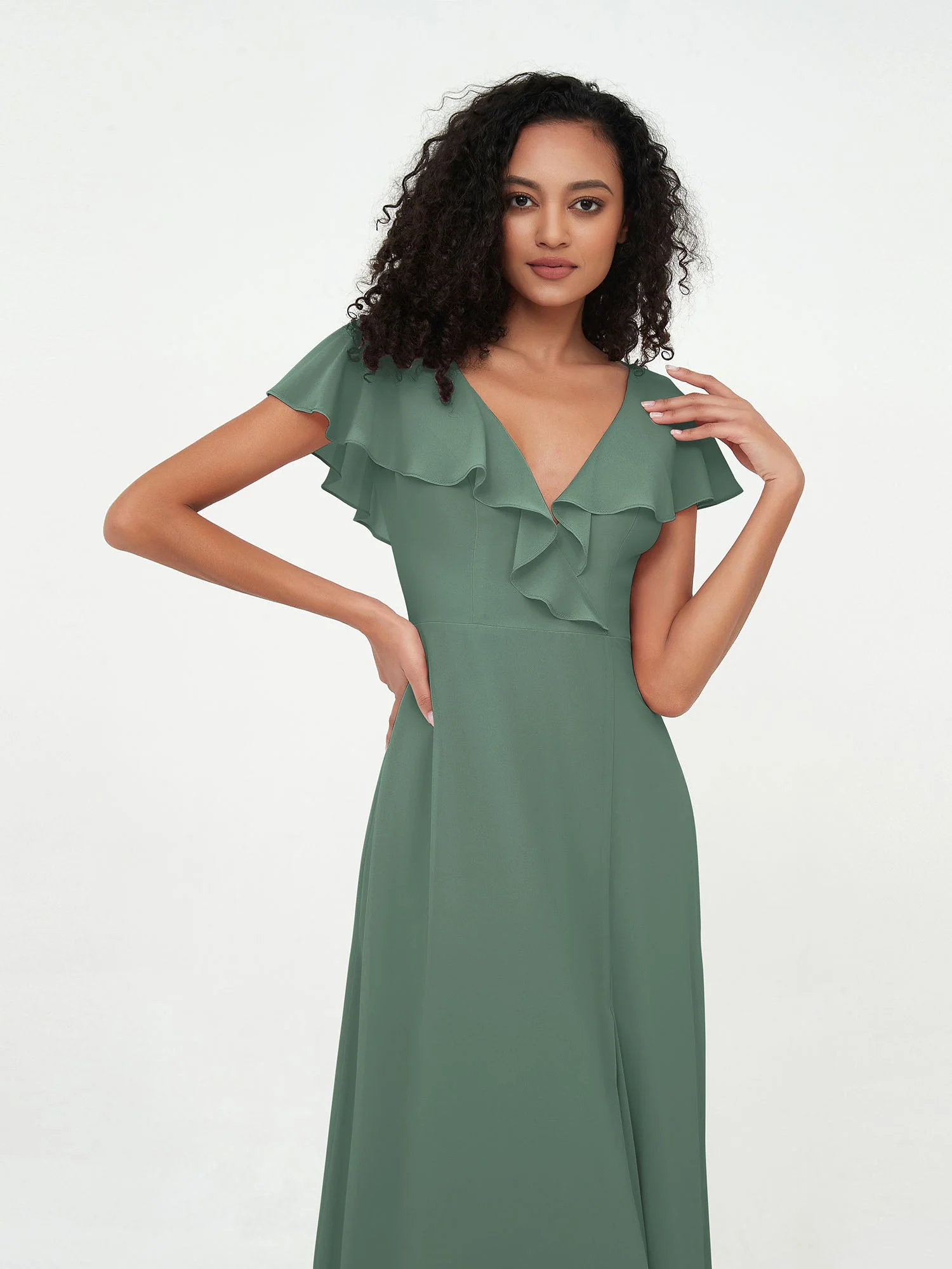A-Linie V-Ausschnitt Chiffon Kleid mit Schlitz mit Taschen Eukalyptus - Image 5