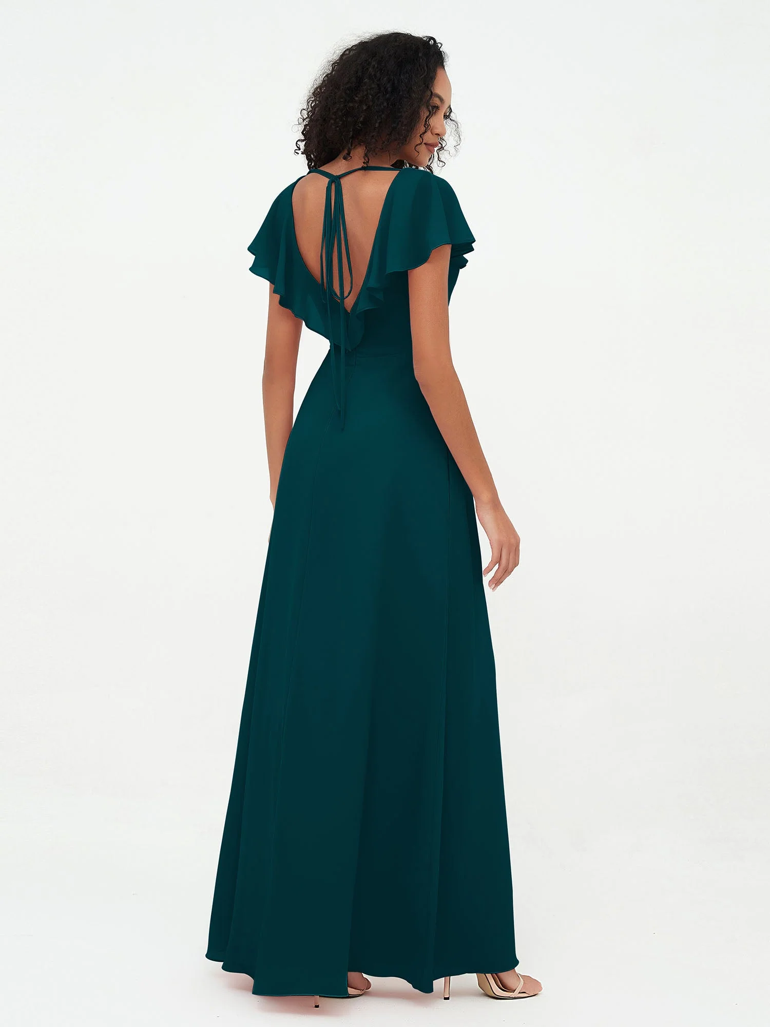 A-Linie V-Ausschnitt Chiffon Kleid mit Schlitz mit Taschen Kieferngrün - Image 2