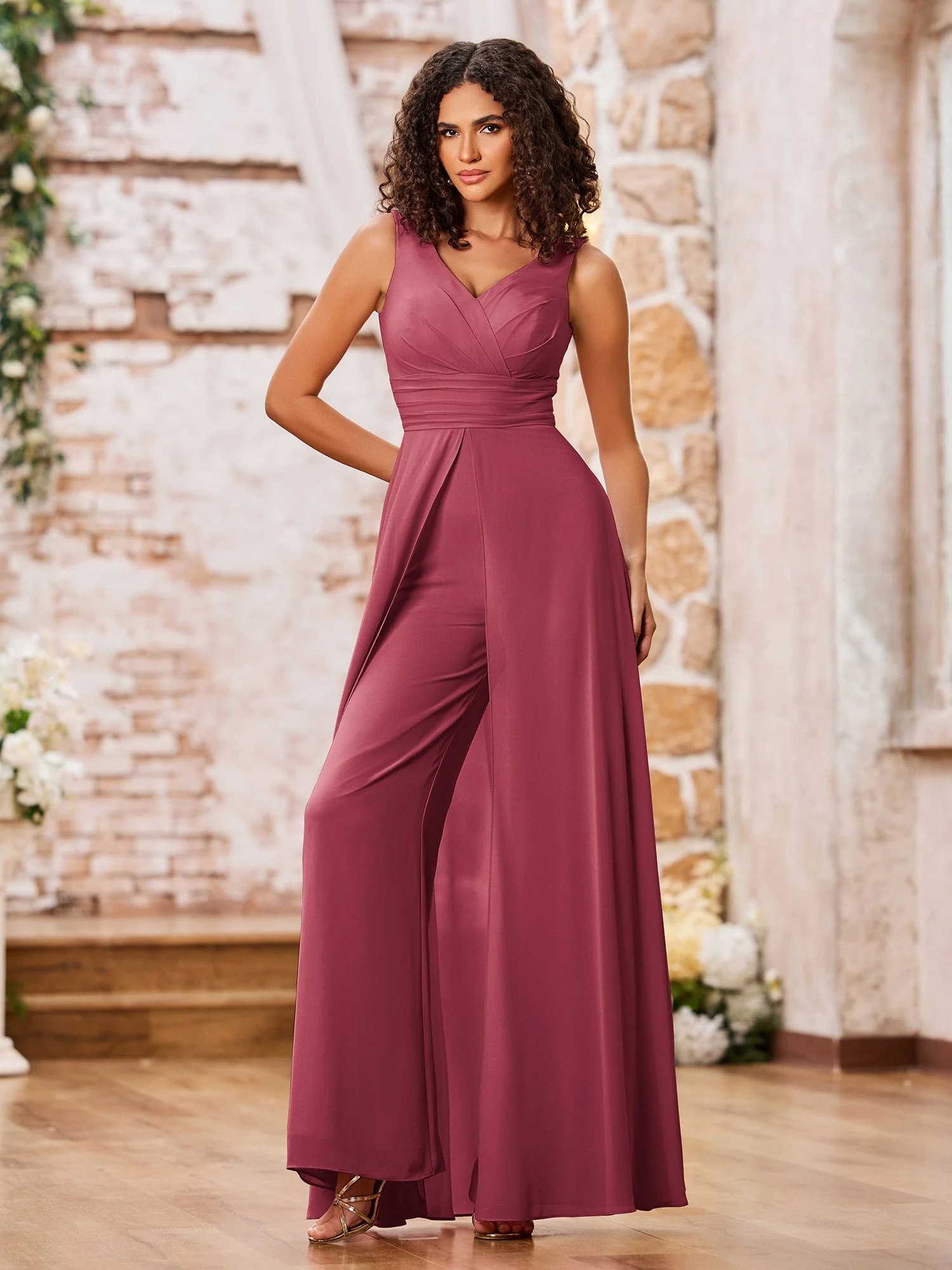 A-Linie V-Ausschnitt Chiffon Lang Kleider mit Jumpsuit Zimtrose - Image 3