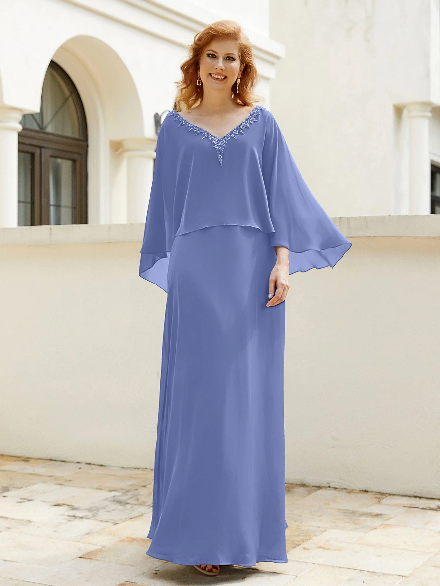 A-Linie V-Ausschnitt Chiffonkleid mit Perlen Kaskaden Rüschen Periwinkleblau Übergröße