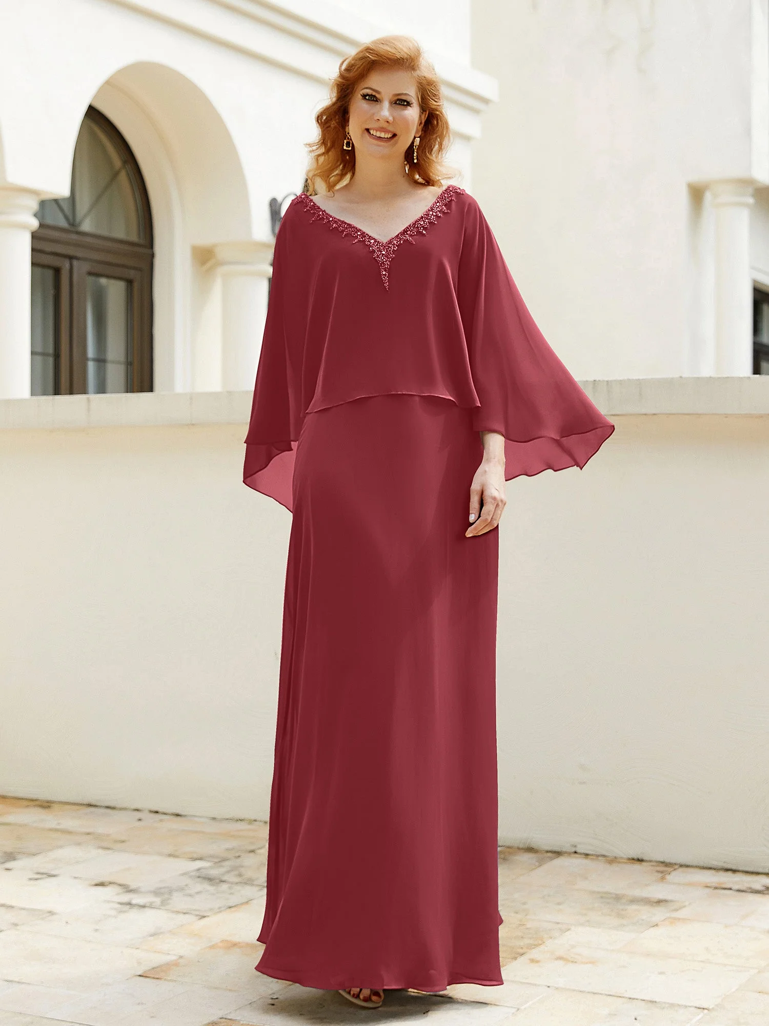 A-Linie V-Ausschnitt Chiffonkleid mit Perlen Kaskaden Rüschen Zimtrose