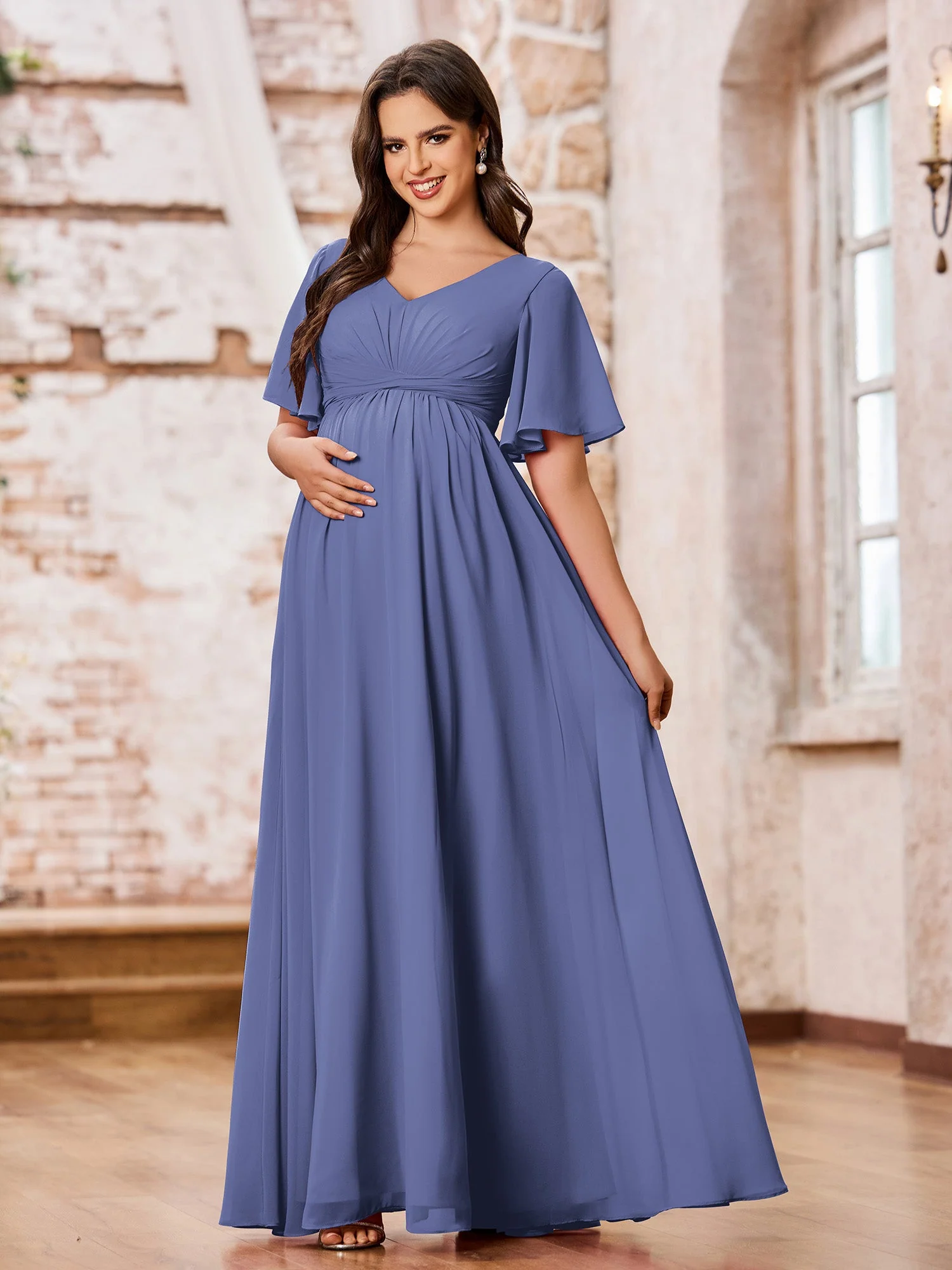 A-Linie V-Ausschnitt Flügelärmel Empire Chiffon Maxi Kleider Periwinkleblau