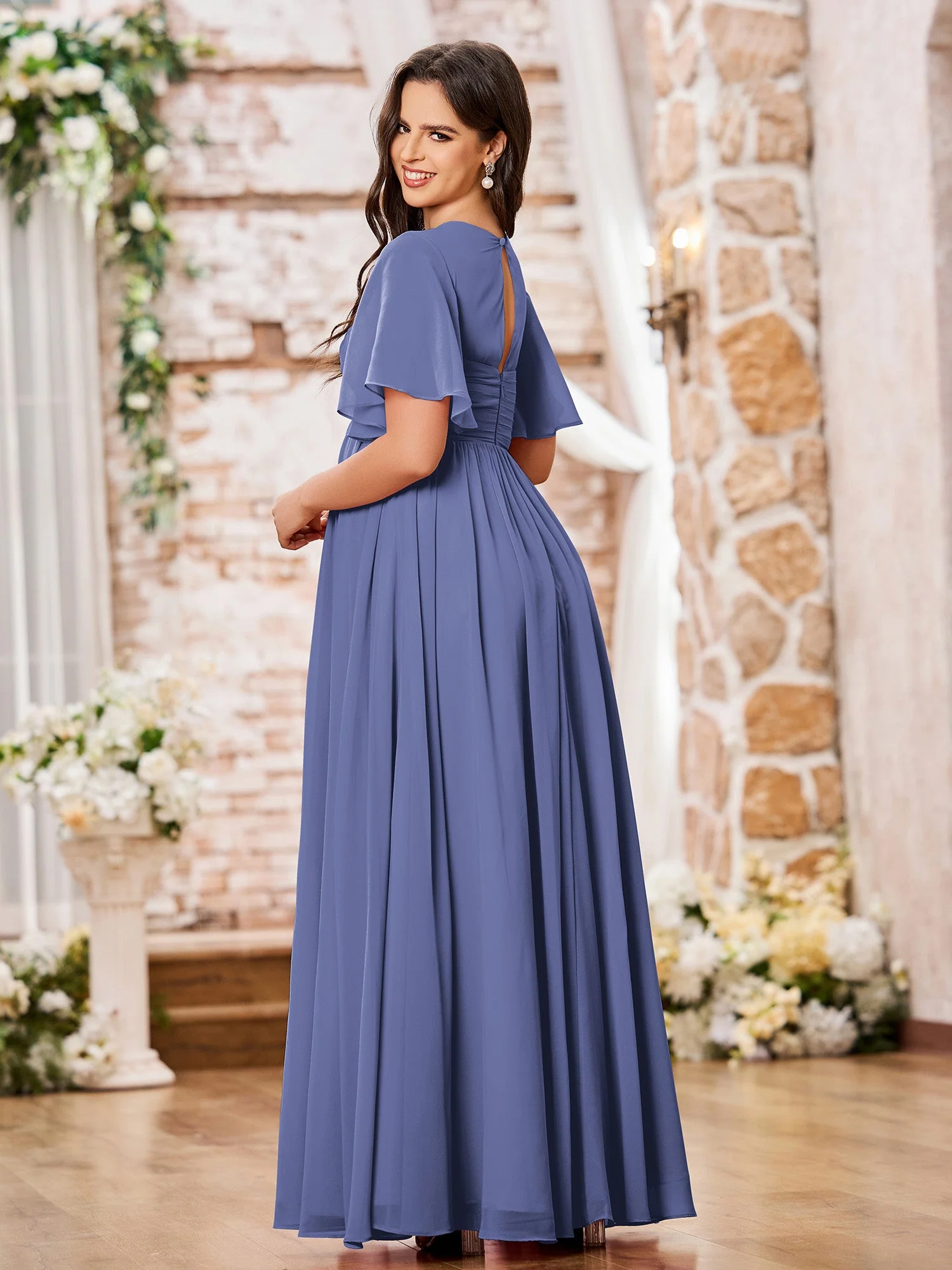 A-Linie V-Ausschnitt Flügelärmel Empire Chiffon Maxi Kleider Periwinkleblau - Image 2