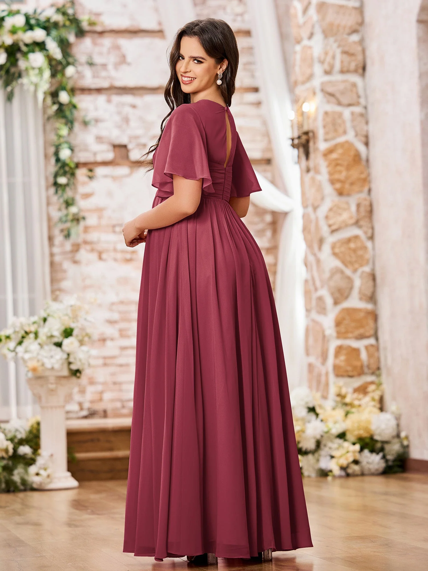 A-Linie V-Ausschnitt Flügelärmel Empire Chiffon Maxi Kleider Zimtrose - Image 2