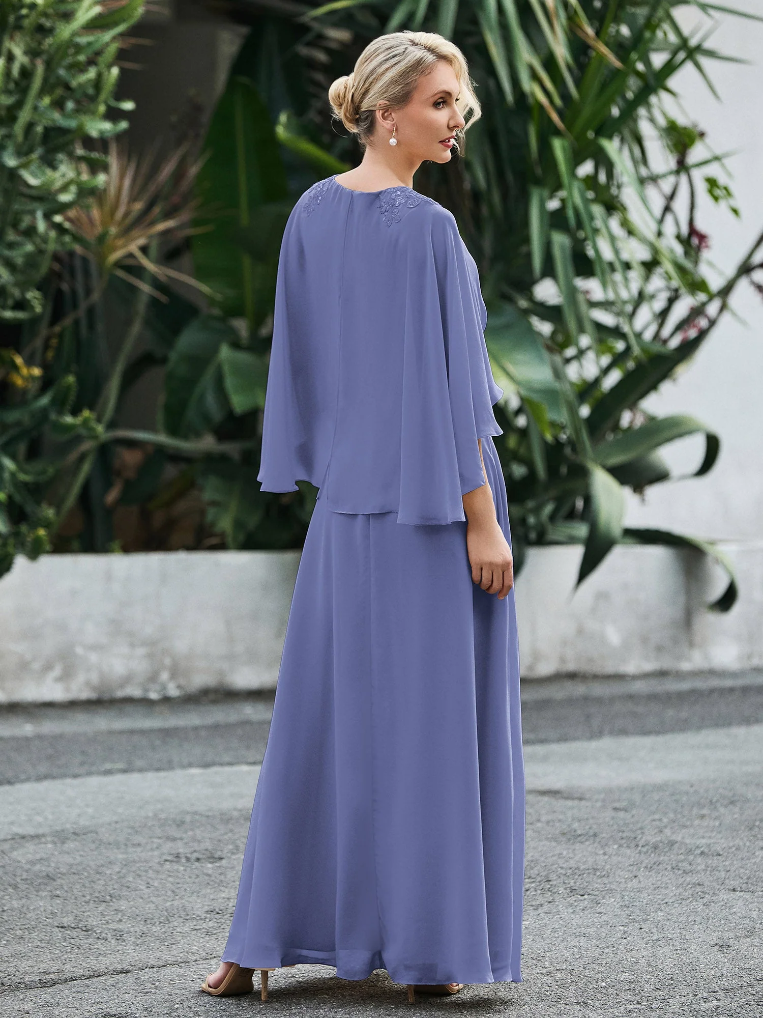 A-Linie V-Ausschnitt Flügelärmel Kleid mit Perlen Periwinkleblau - Image 2