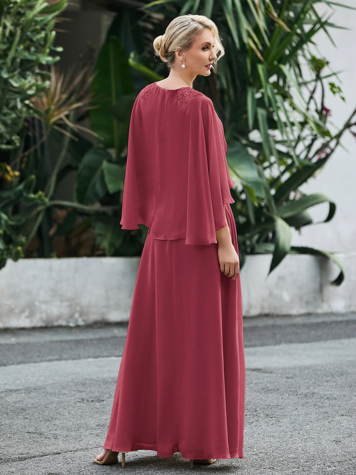 A-Linie V-Ausschnitt Flügelärmel Kleid mit Perlen Zimtrose - Image 2