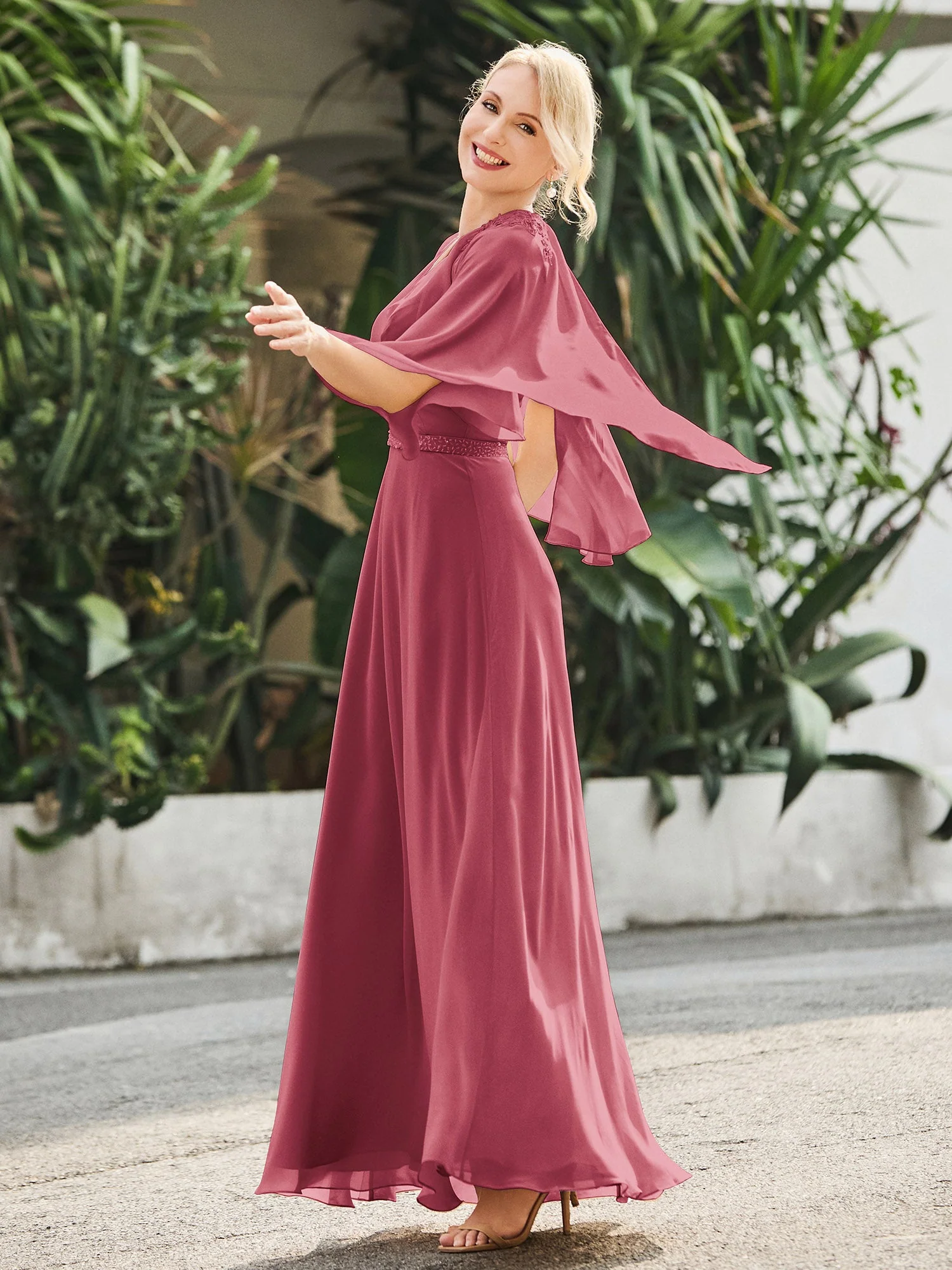 A-Linie V-Ausschnitt Flügelärmel Kleid mit Perlen Zimtrose - Image 3