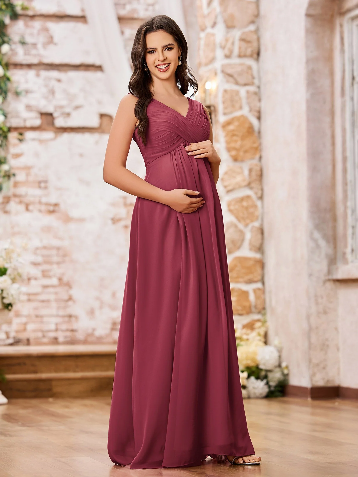 A-Linie V-Ausschnitt Lang Chiffon Empire-Taille Kleider Zimtrose - Image 2