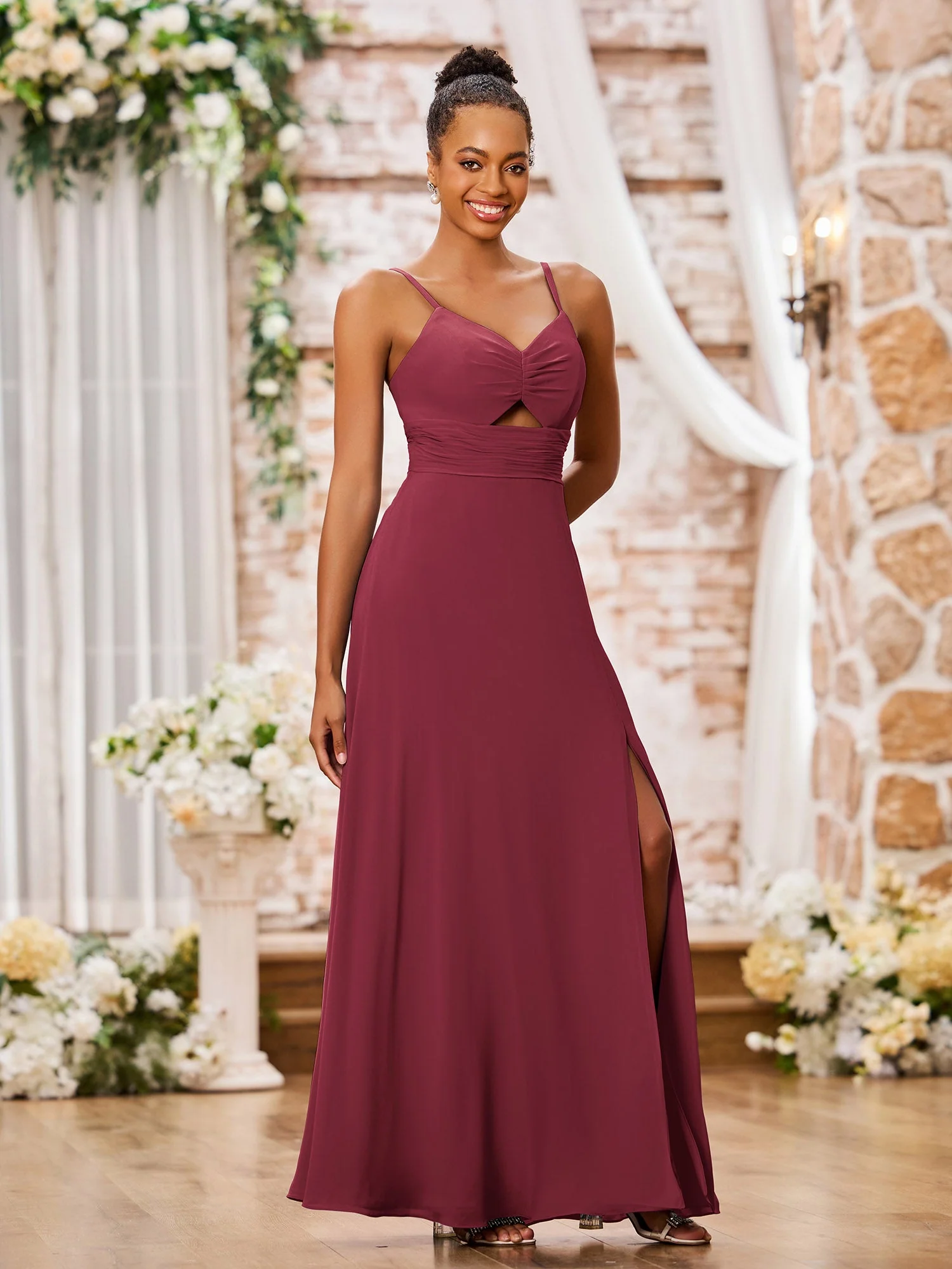 A-Linie V-Ausschnitt Lang Chiffon Empire-Taille Kleider Zimtrose - Image 3