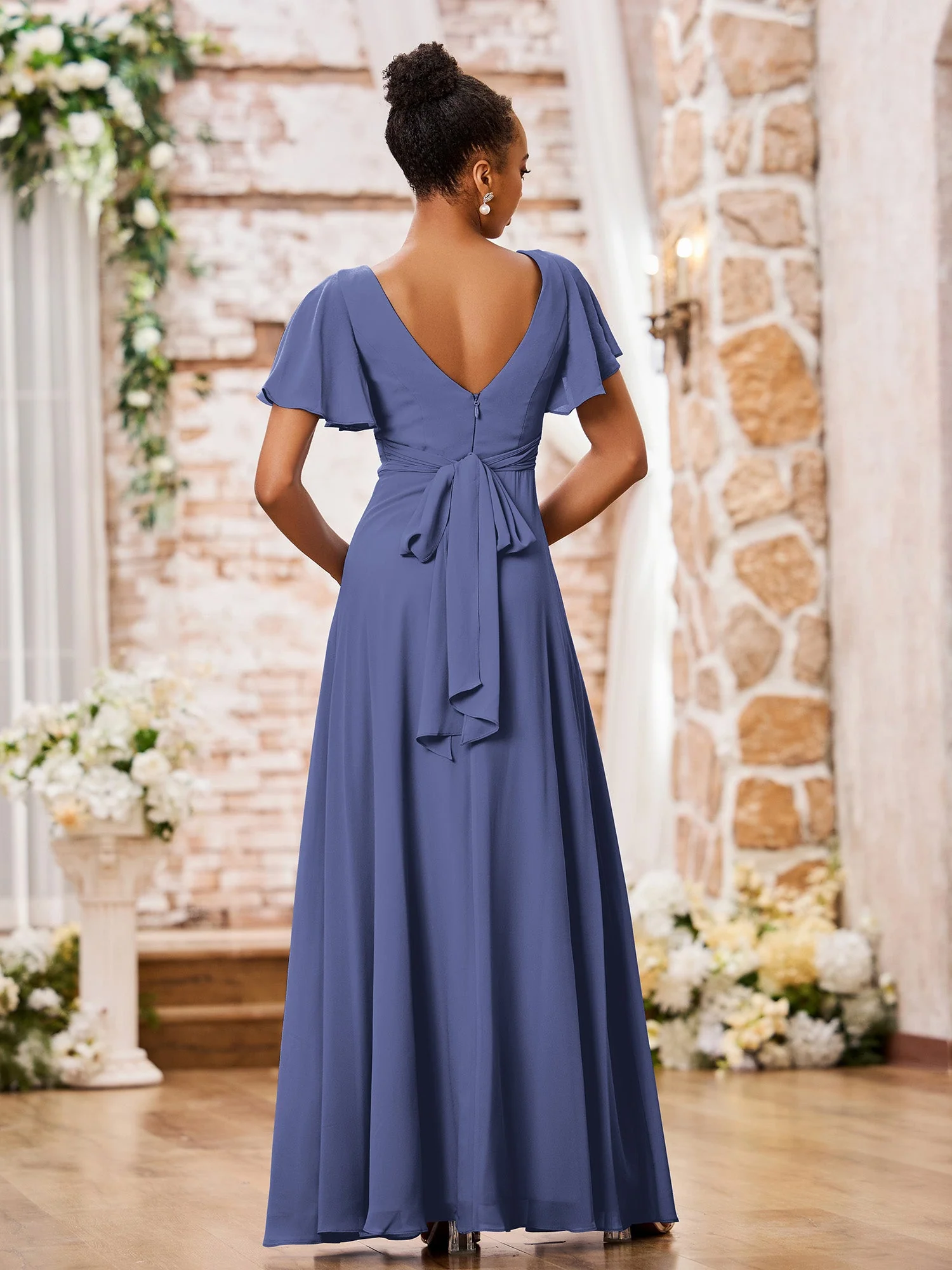 A-Linie V-Ausschnitt Lang Chiffon Kleider mit Flügelärmeln Periwinkleblau - Image 2