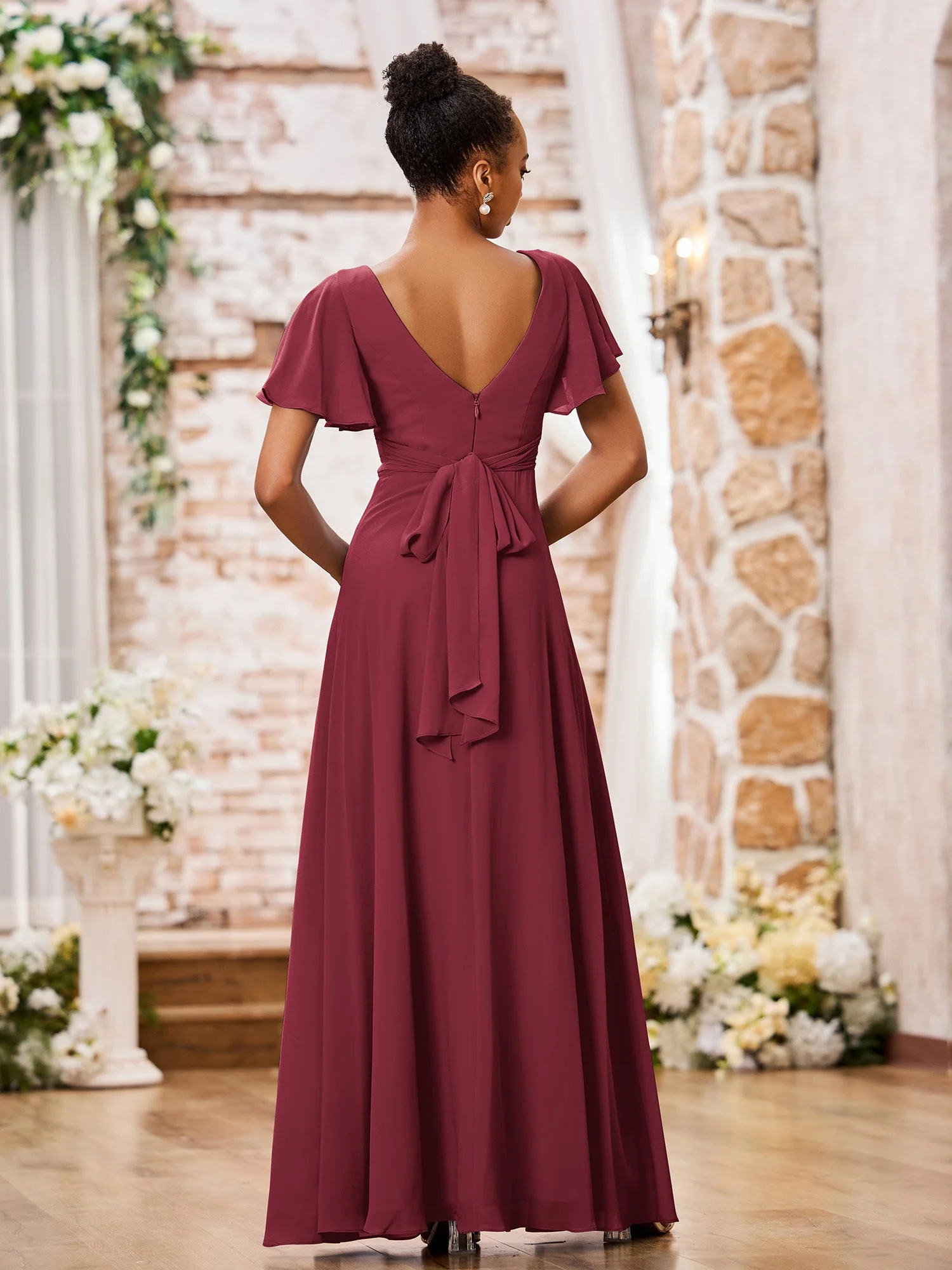 A-Linie V-Ausschnitt Lang Chiffon Kleider mit Flügelärmeln Zimtrose - Image 2