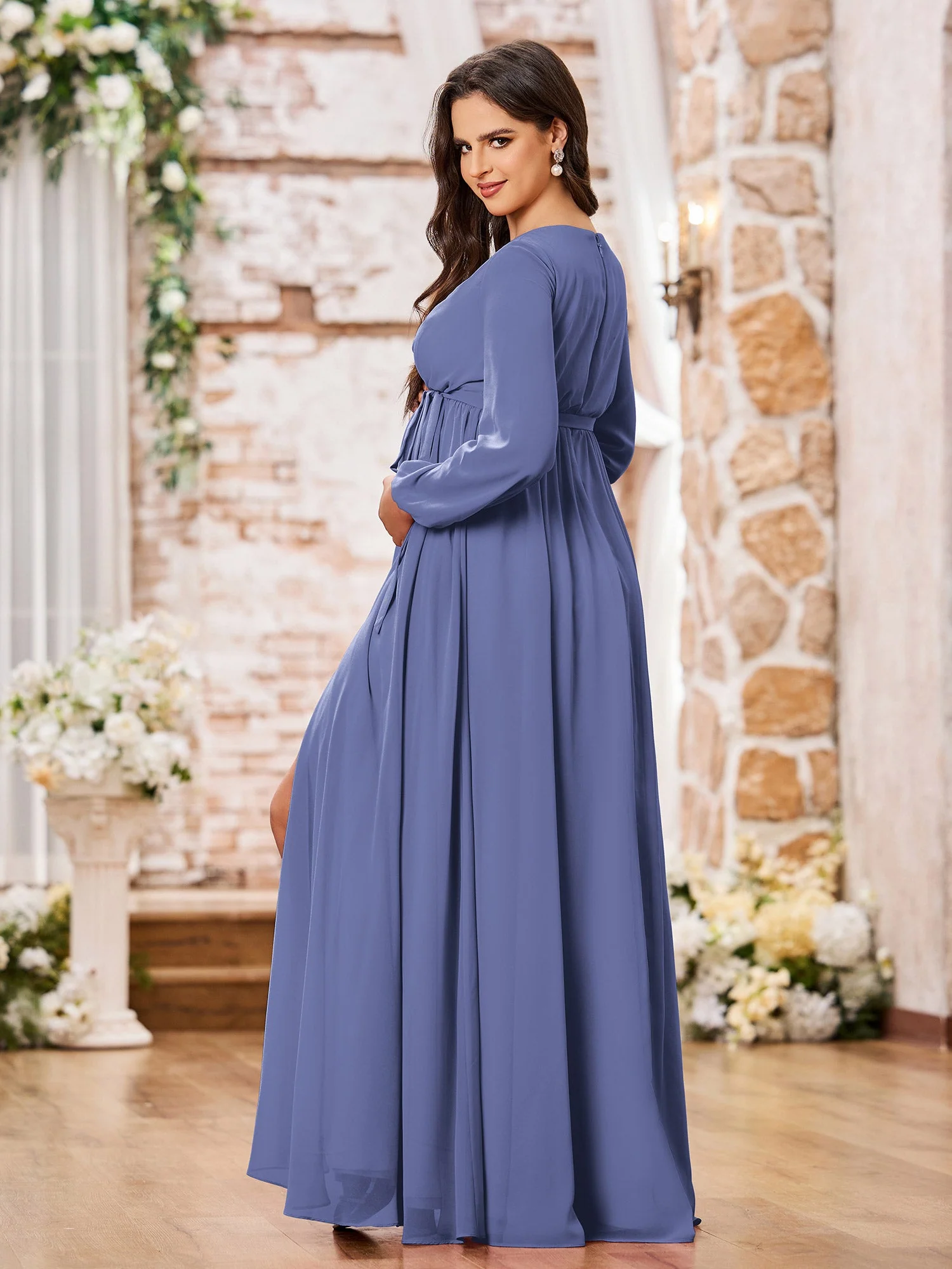 A-Linie V-Ausschnitt Langarm Chiffon Kleider mit Schlitz Periwinkleblau - Image 2