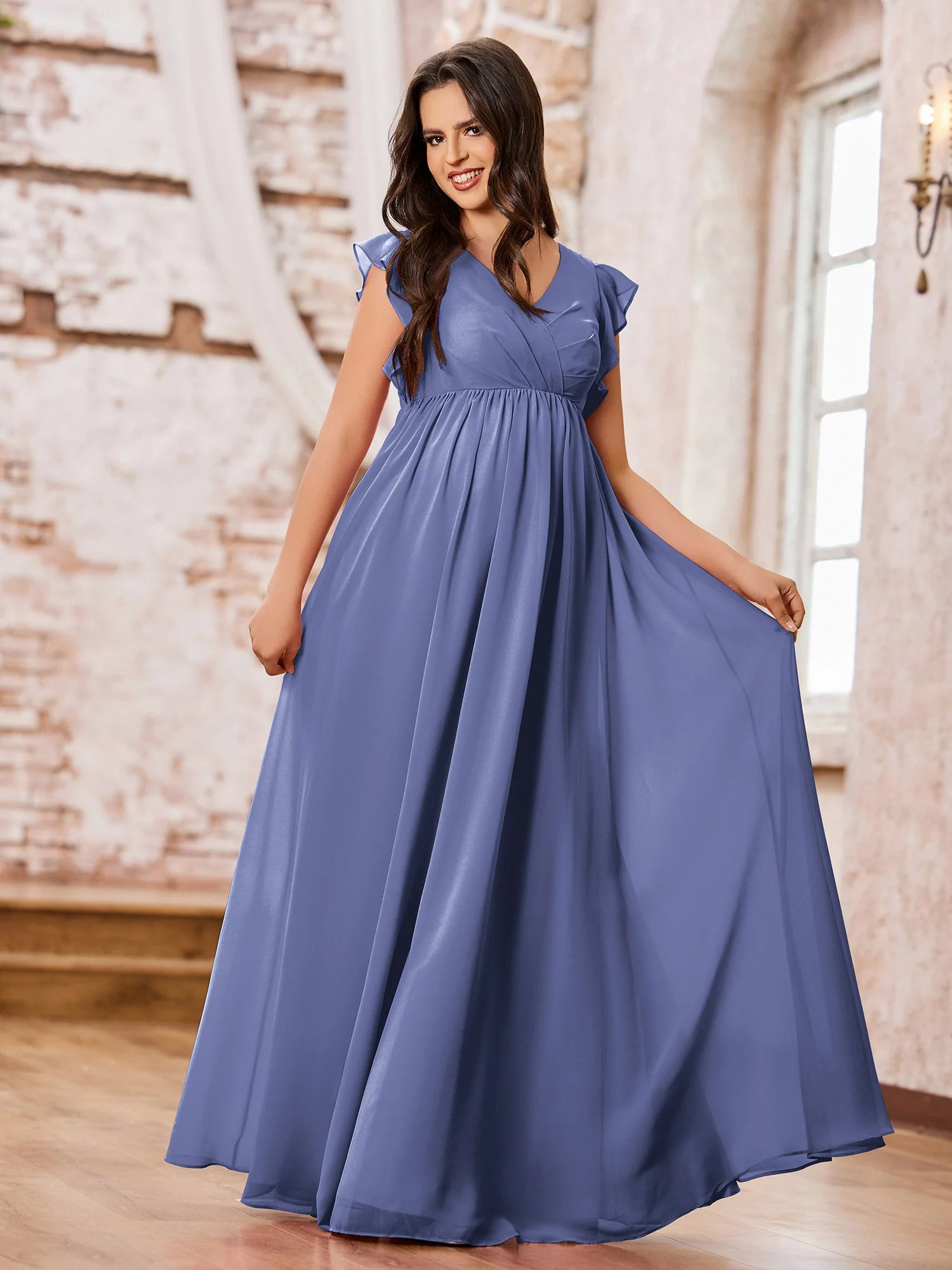 A-Linien-Chiffon-Maxikleider mit Flügelärmeln Periwinkleblau
