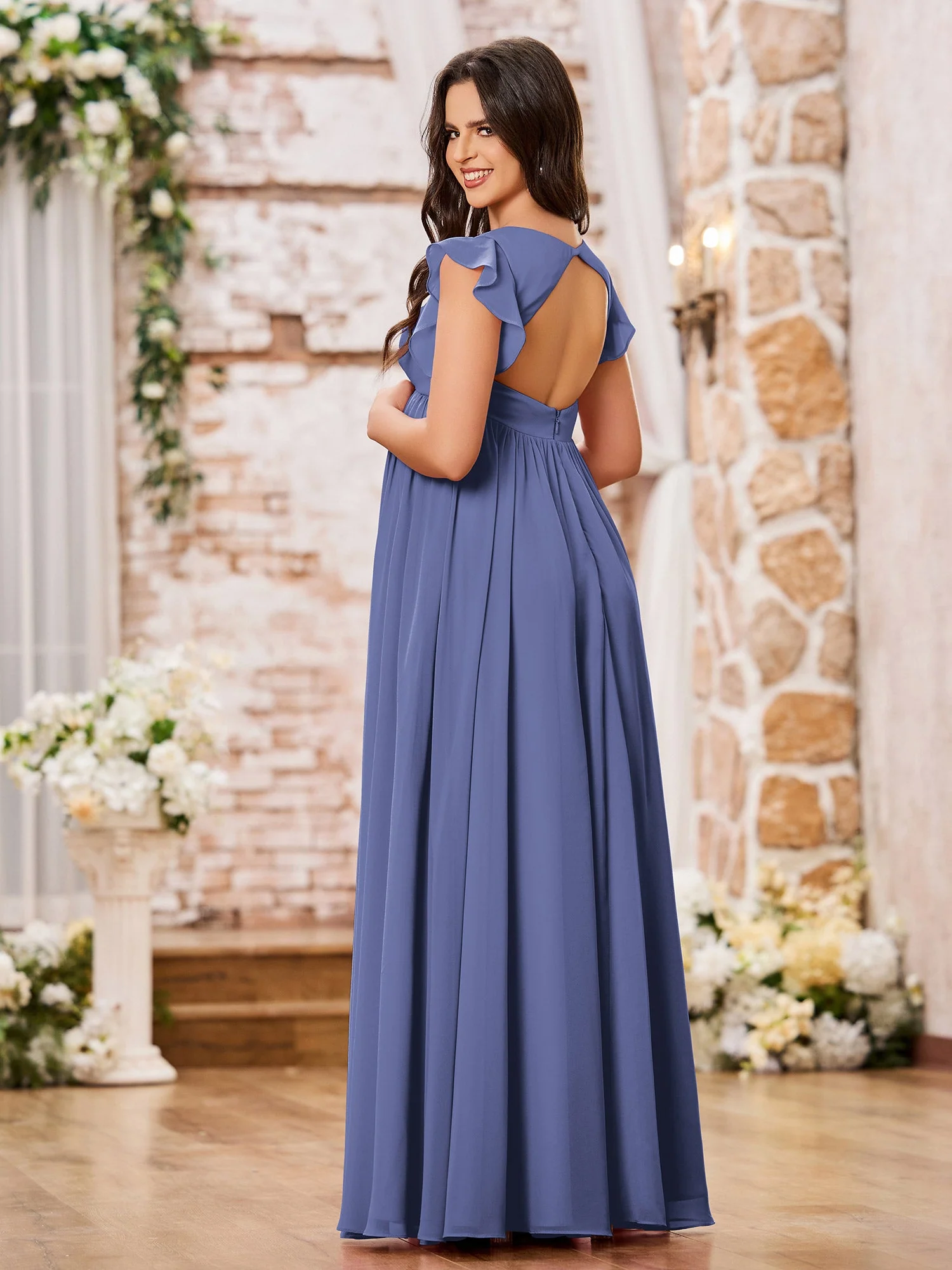 A-Linien-Chiffon-Maxikleider mit Flügelärmeln Periwinkleblau - Image 2
