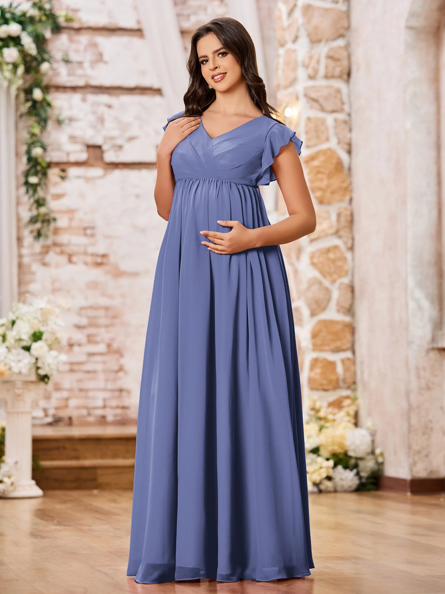A-Linien-Chiffon-Maxikleider mit Flügelärmeln Periwinkleblau - Image 3