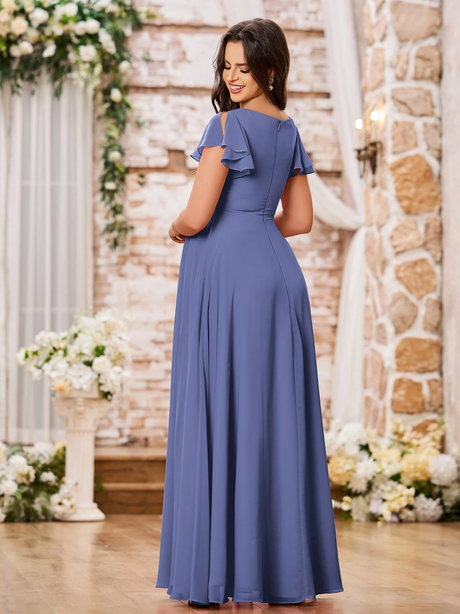 A-Linien-Chiffonkleider mit Empire-Taille und Flügelärmeln Periwinkleblau - Image 2
