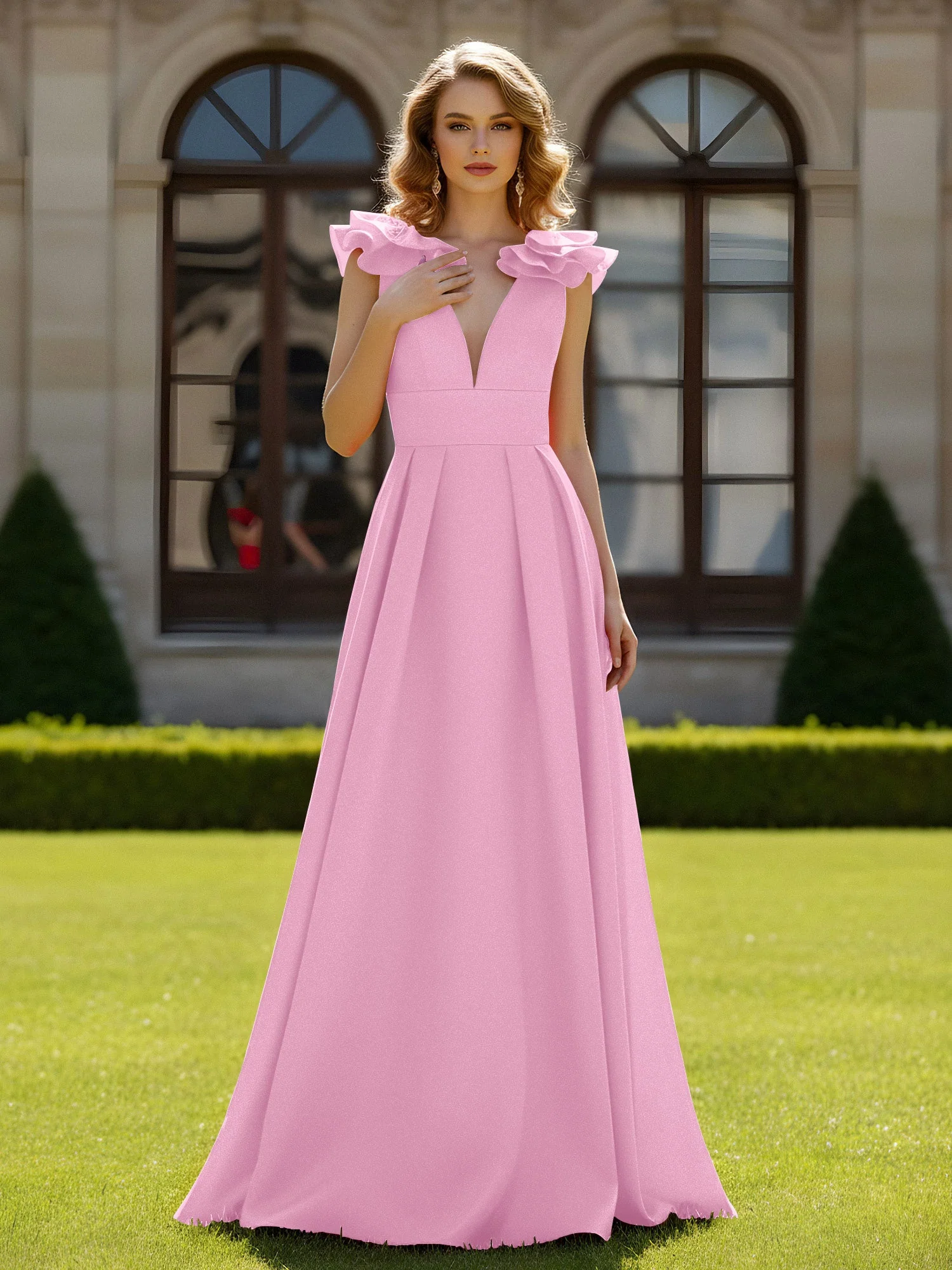 A-Linien Kleid mit skulpturalem Schultervolant und V-Ausschnitt Bonbonrosa