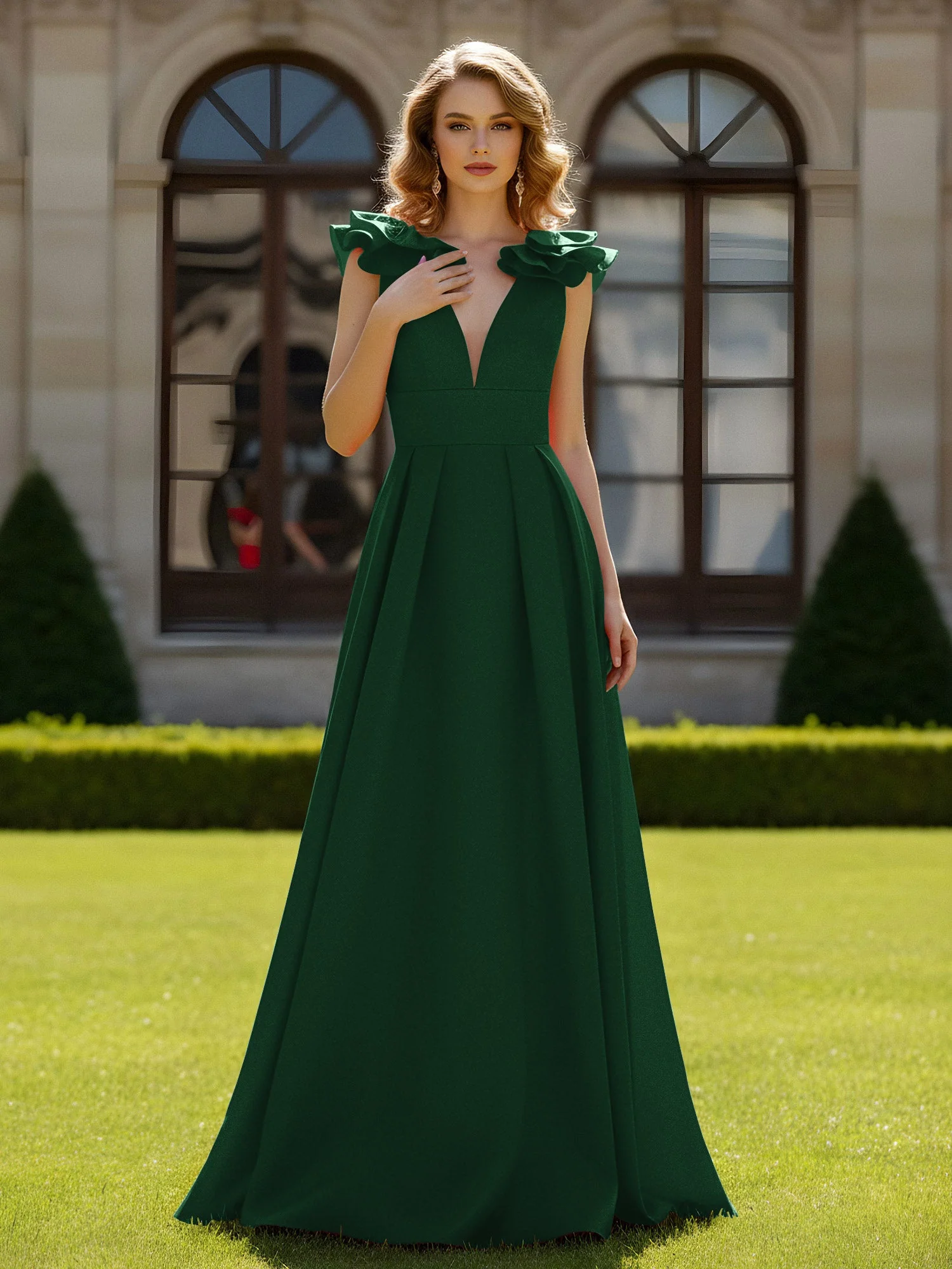 A-Linien Kleid mit skulpturalem Schultervolant und V-Ausschnitt Dunkelgrün