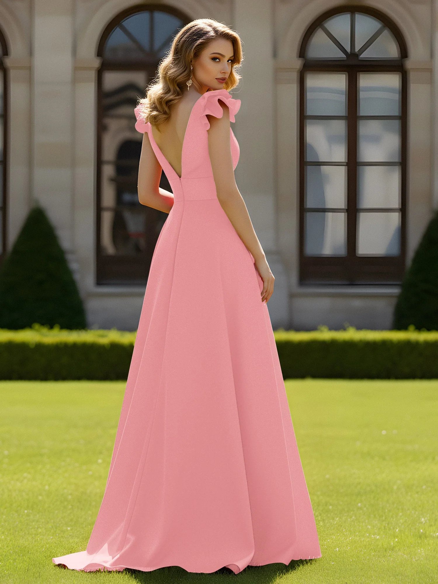 A-Linien Kleid mit skulpturalem Schultervolant und V-Ausschnitt Flamingo - Image 2